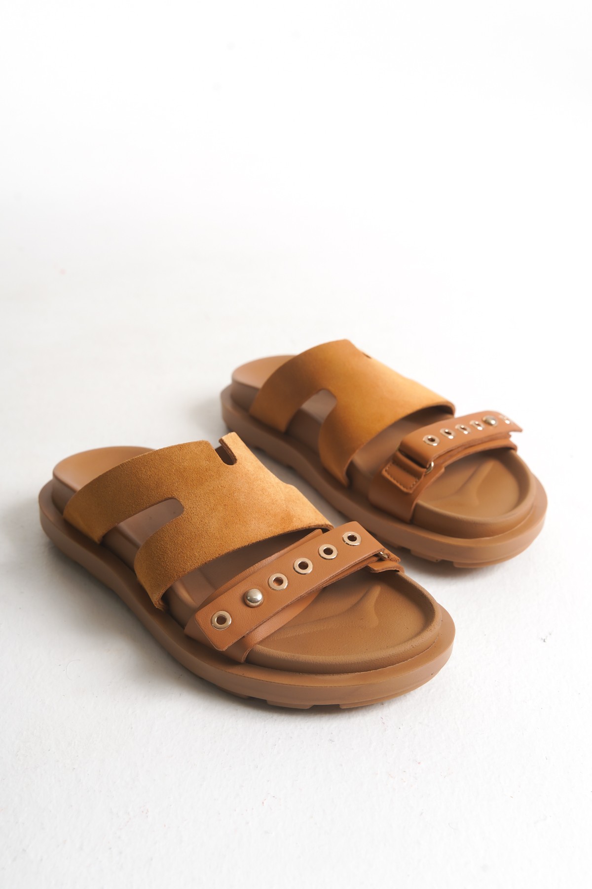 Sur Sandalet Camel Deri Kadın Günlük Terlik M-696-C
