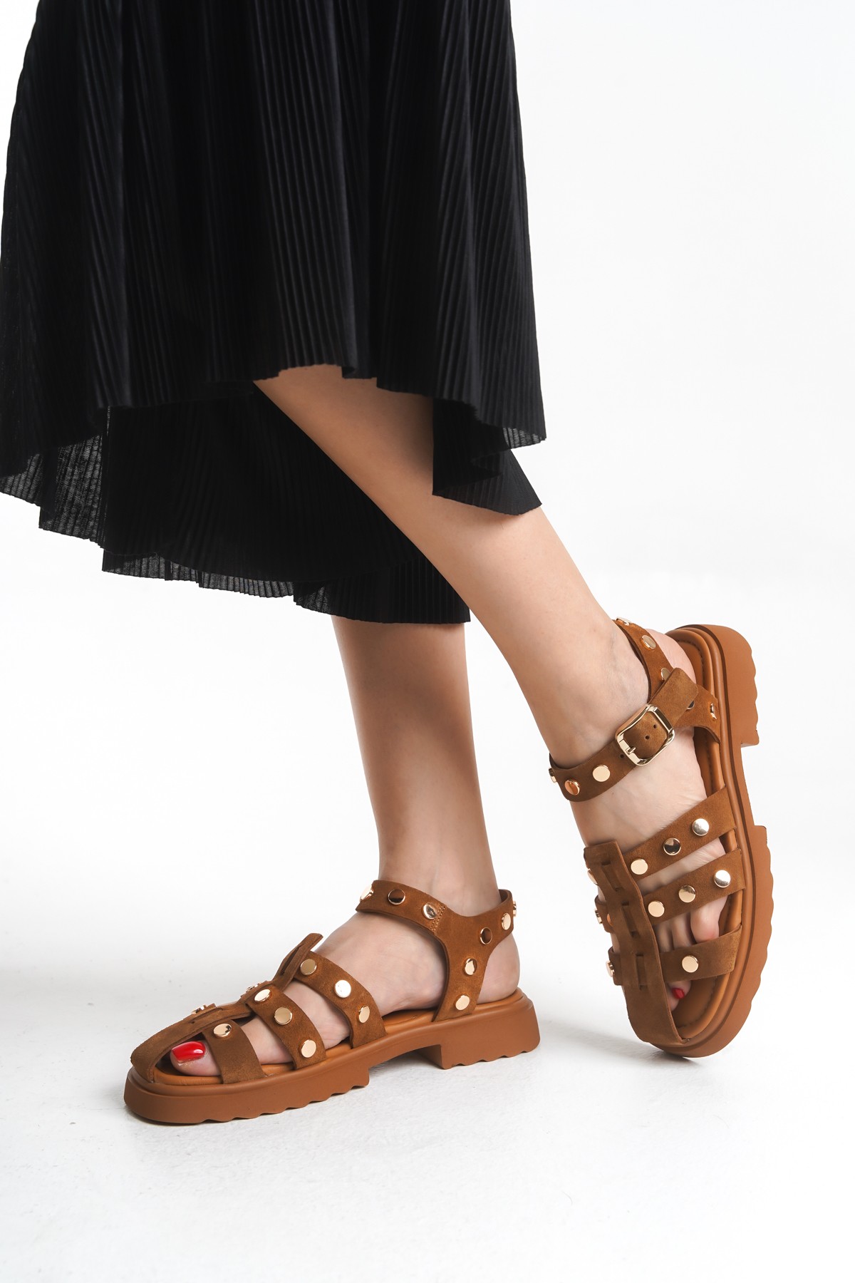 Sur Sandalet Kadın Taba Süet Deri Taşlı Spor Sandalet M-574-T
