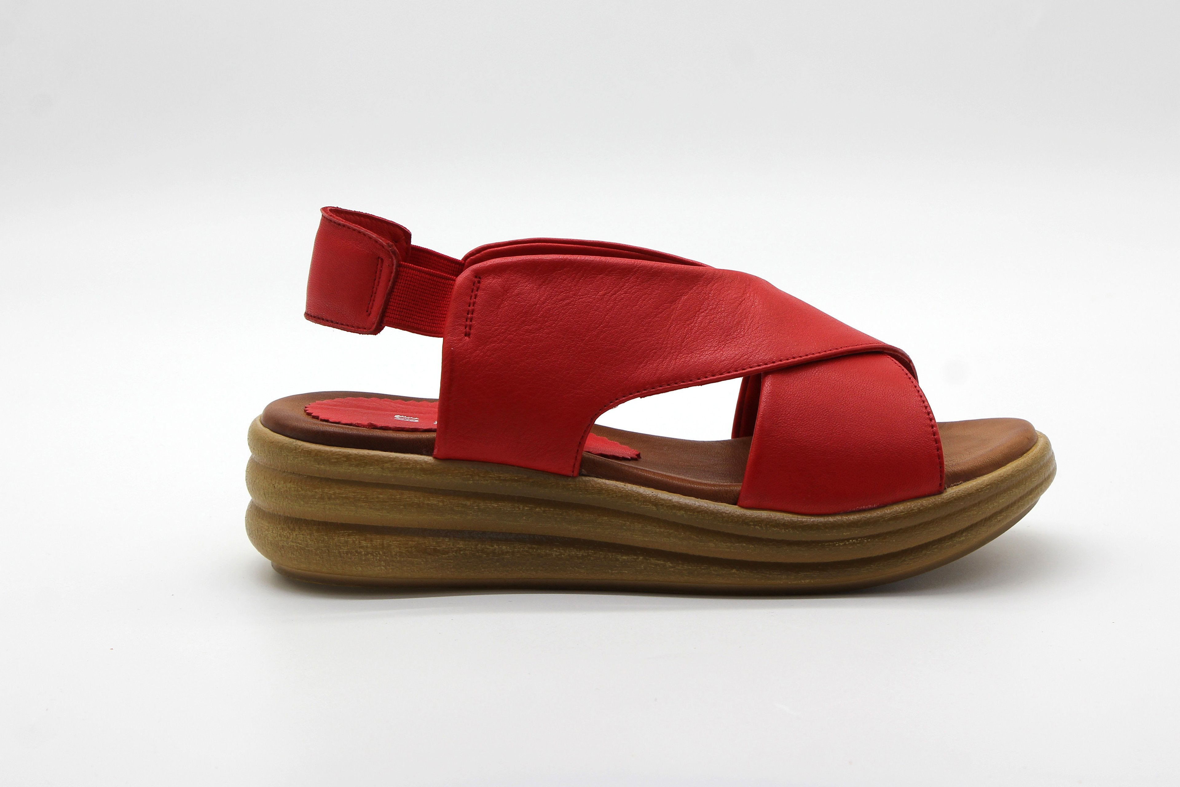 Shes Kadın Deri Günlük Dolgu Topuk Sandalet - Kırmızı