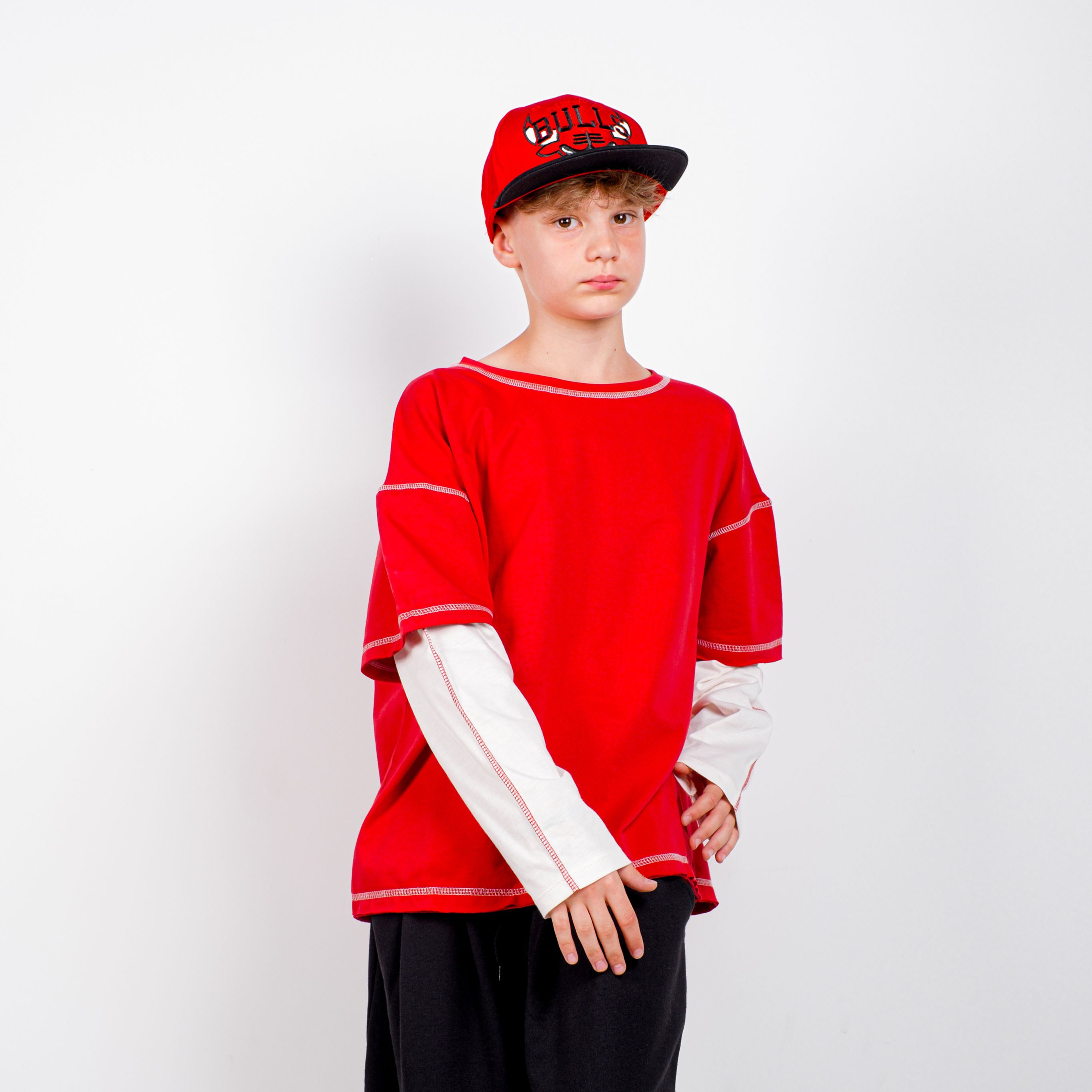 StreetKids Oversize Tişört – Kırmızı (beyaz kollu)  | Çocuk ve Genç - Erkek (135-170 cm)