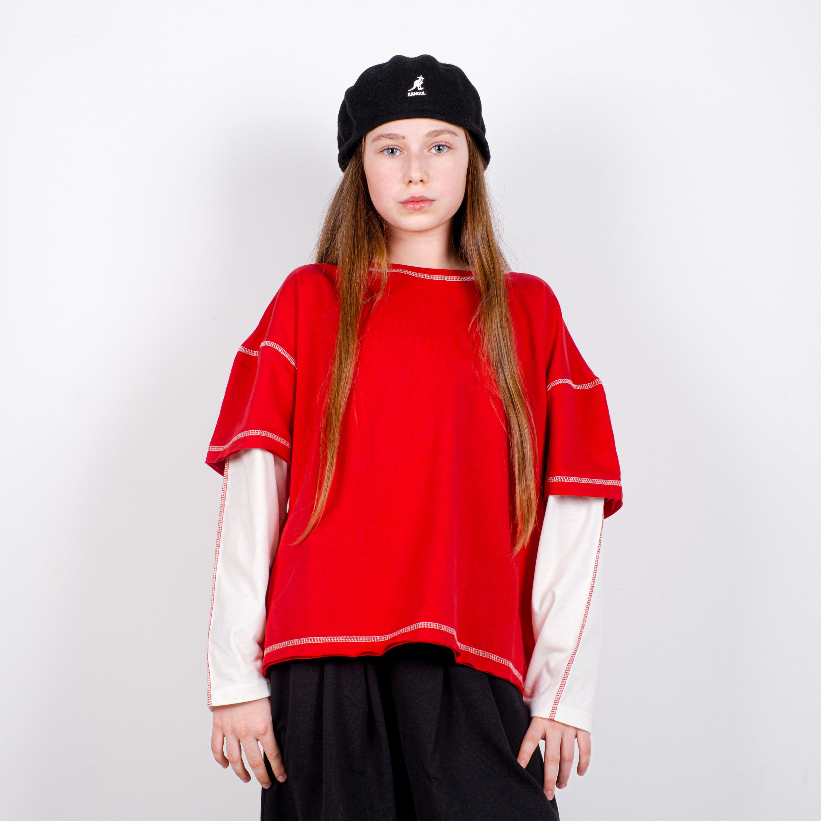 StreetKids Oversize Tişört – Kırmızı (beyaz kollu)  | Çocuk ve Genç - Kız (135-170 cm)