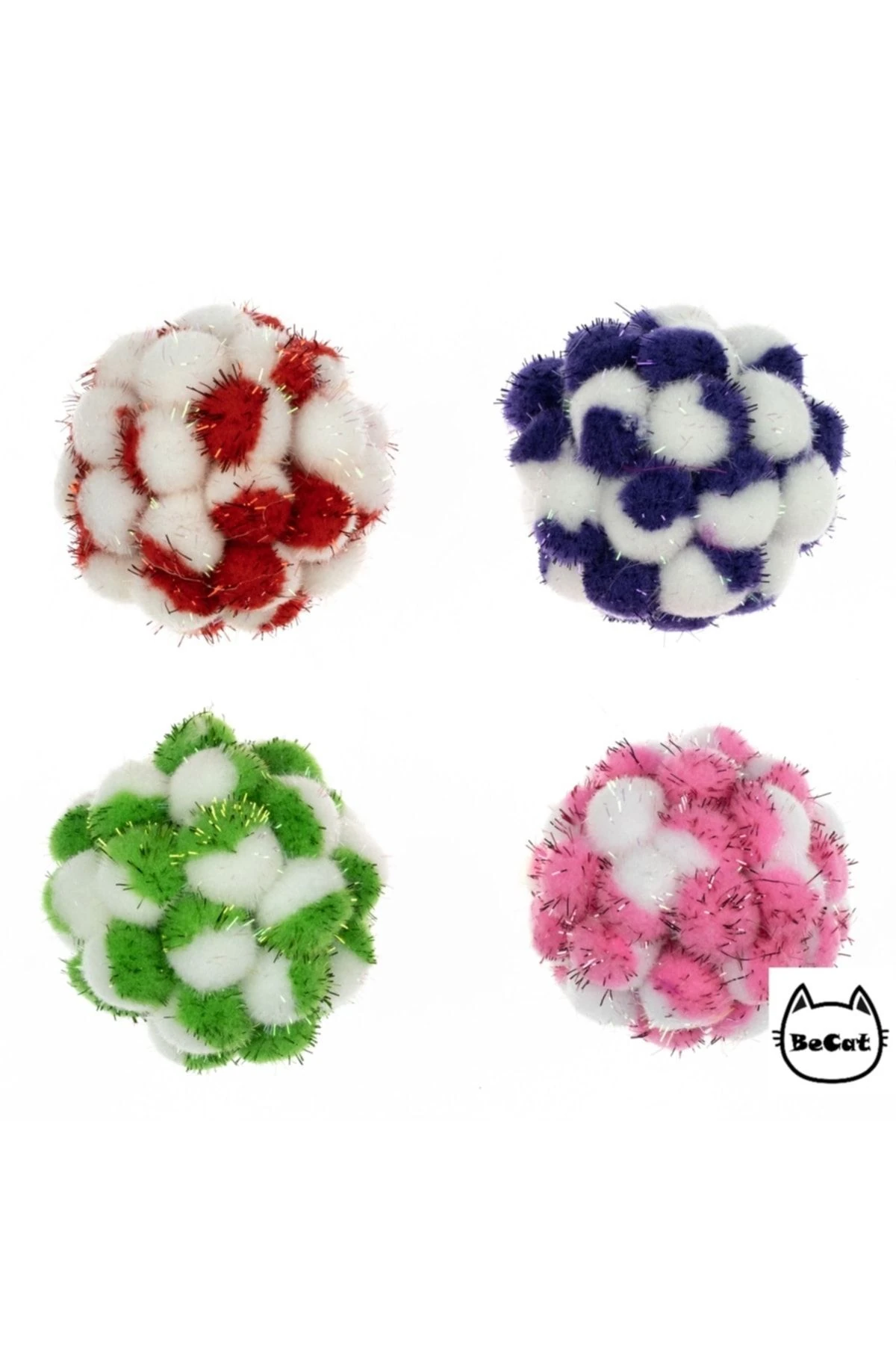 Renkli Simli Ponponlu Sesli Kedi Oyun Topu-4'lü Paket