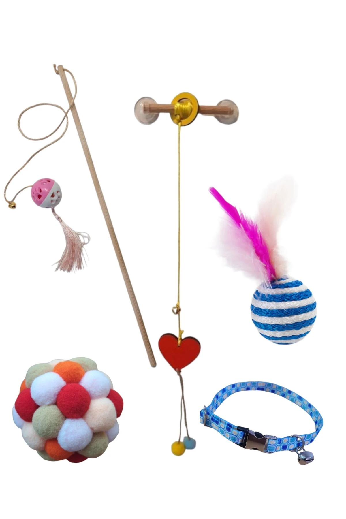 KEDİ OYUNCAK SET PONPON TOP OLTA,TASMA,,VANTUZ OLTA KALP İP SARMA TÜYLÜ OYUNCAK 5 ADET ÜRÜN