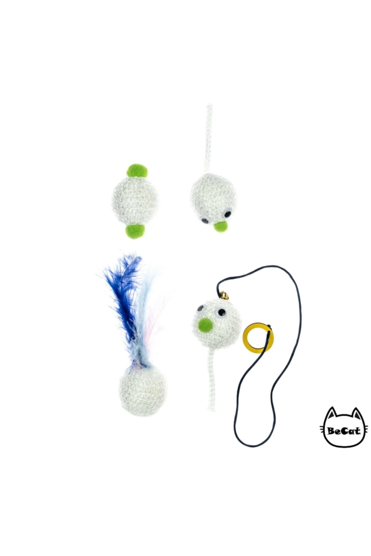 Sesli Tüylü Oyun Topu Ve Parmak Oltası -4’lü Set Beyaz