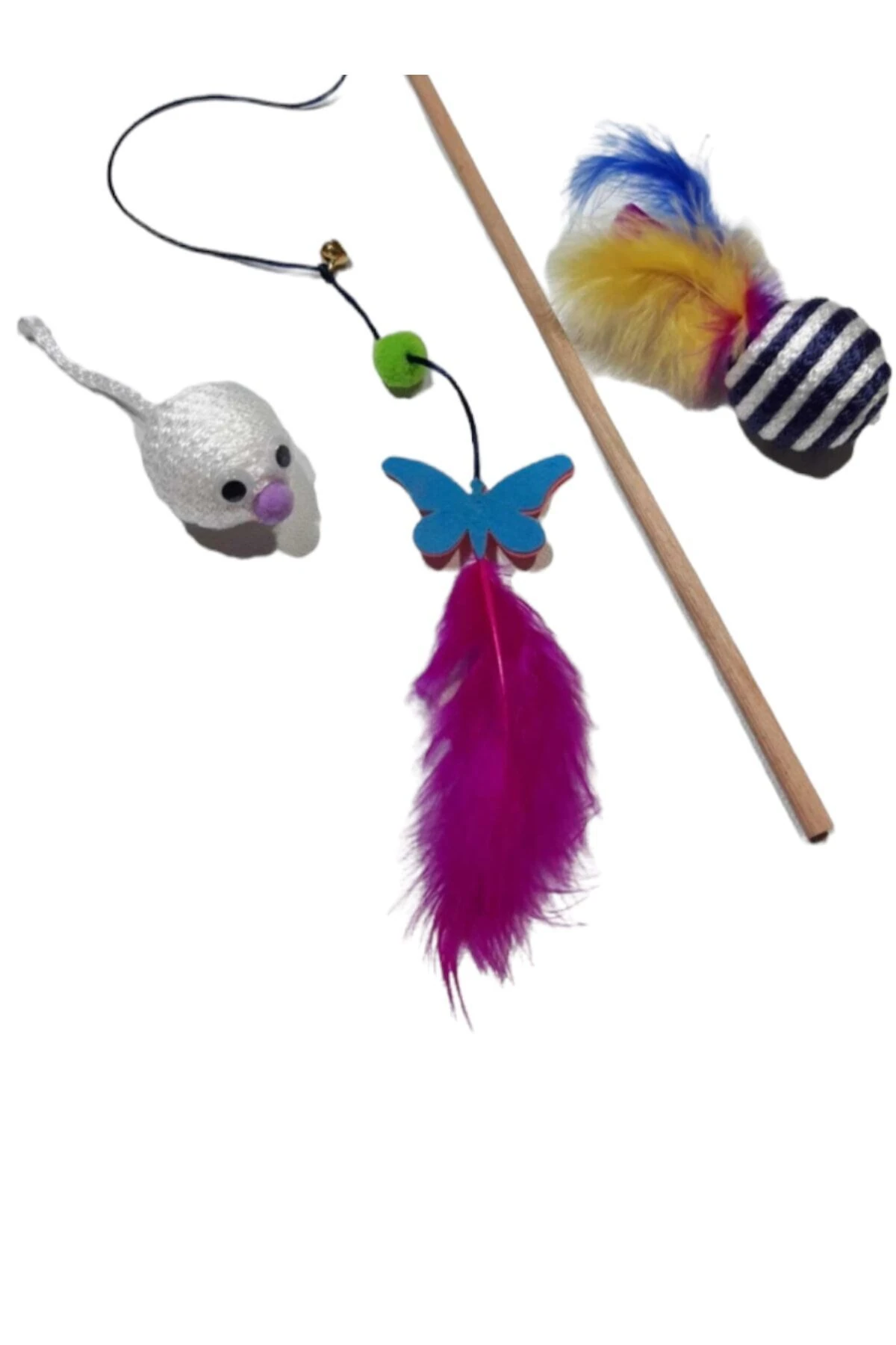 Renkli Kelebek Kedi Oltası Ve Tüylü Oyun Topu Seti - 3'lü