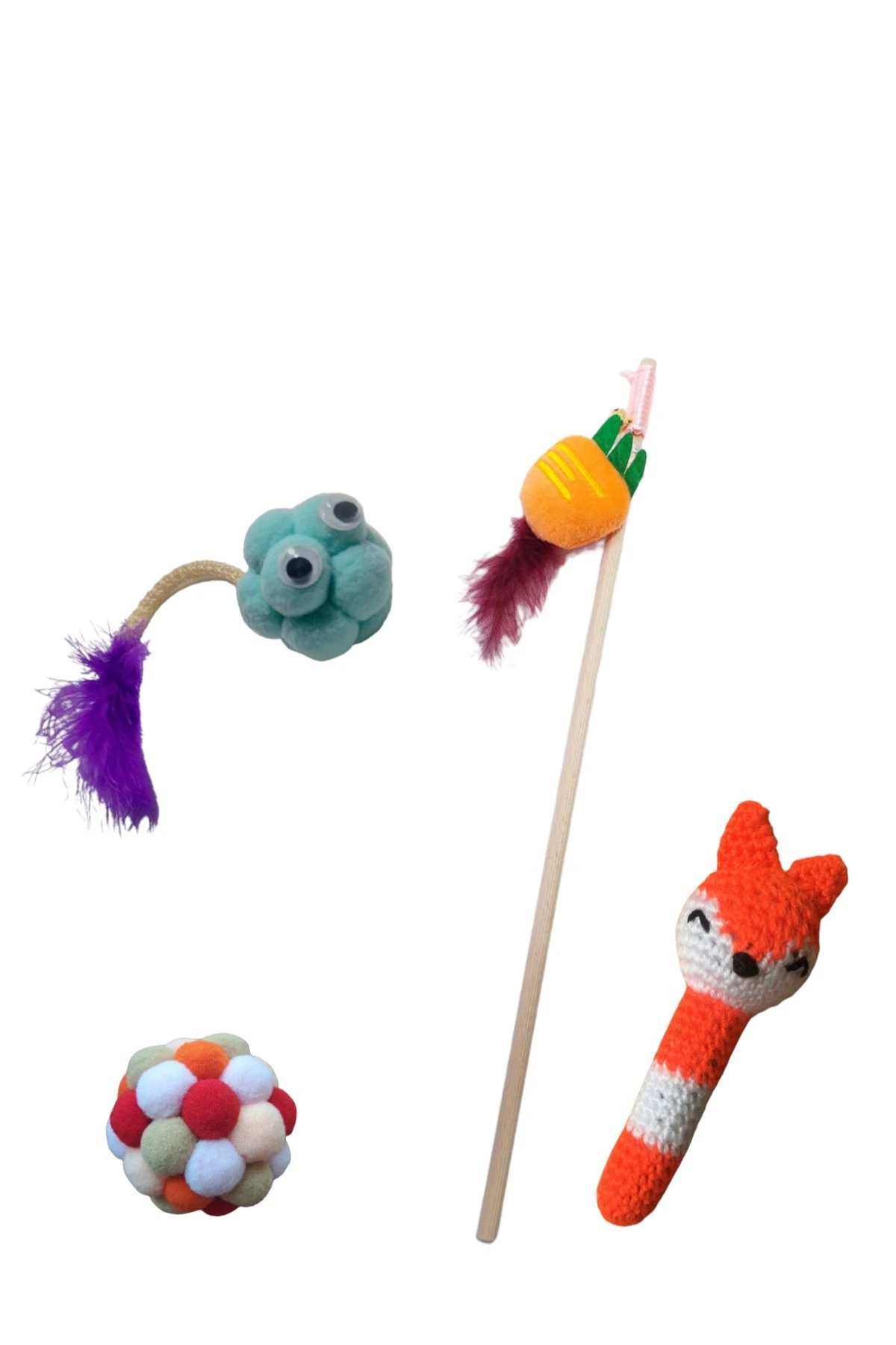KEDİ OYUNCAK SET PONPON TOP havuç OLTA, sevimli ponpon canavar OYUNCAK 4 ADET ÜRÜN