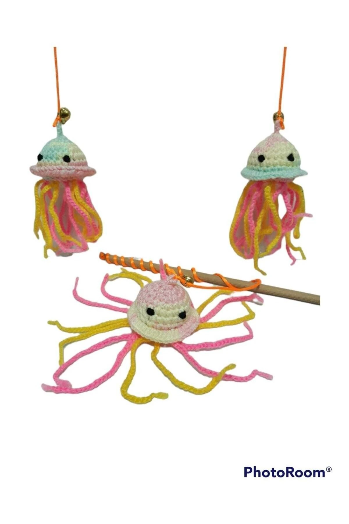 Amigurimi Ahtapot Figürlü Çanlı Kedi Oltası