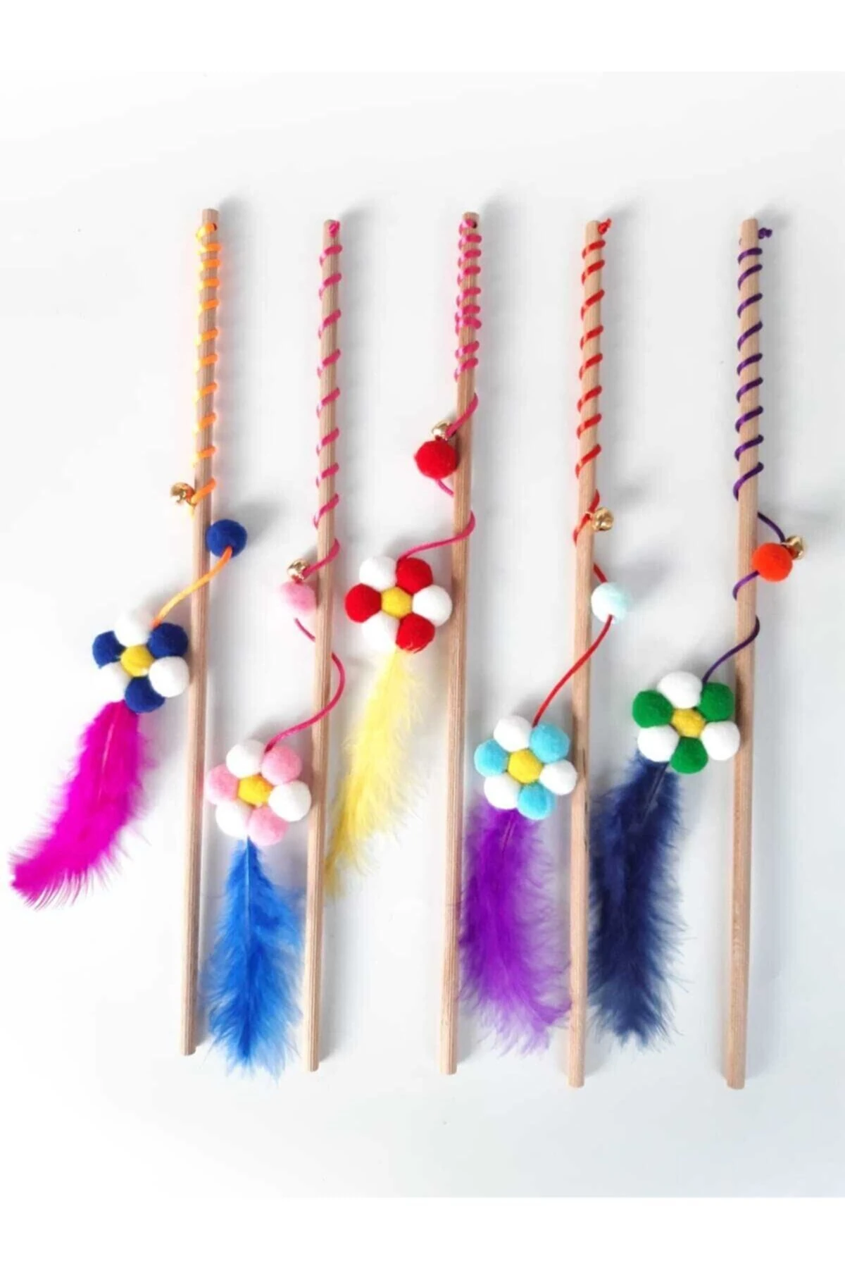 Ponpon Papatya Figürlü Çanlı Kedi Oltası- 5'li Paket