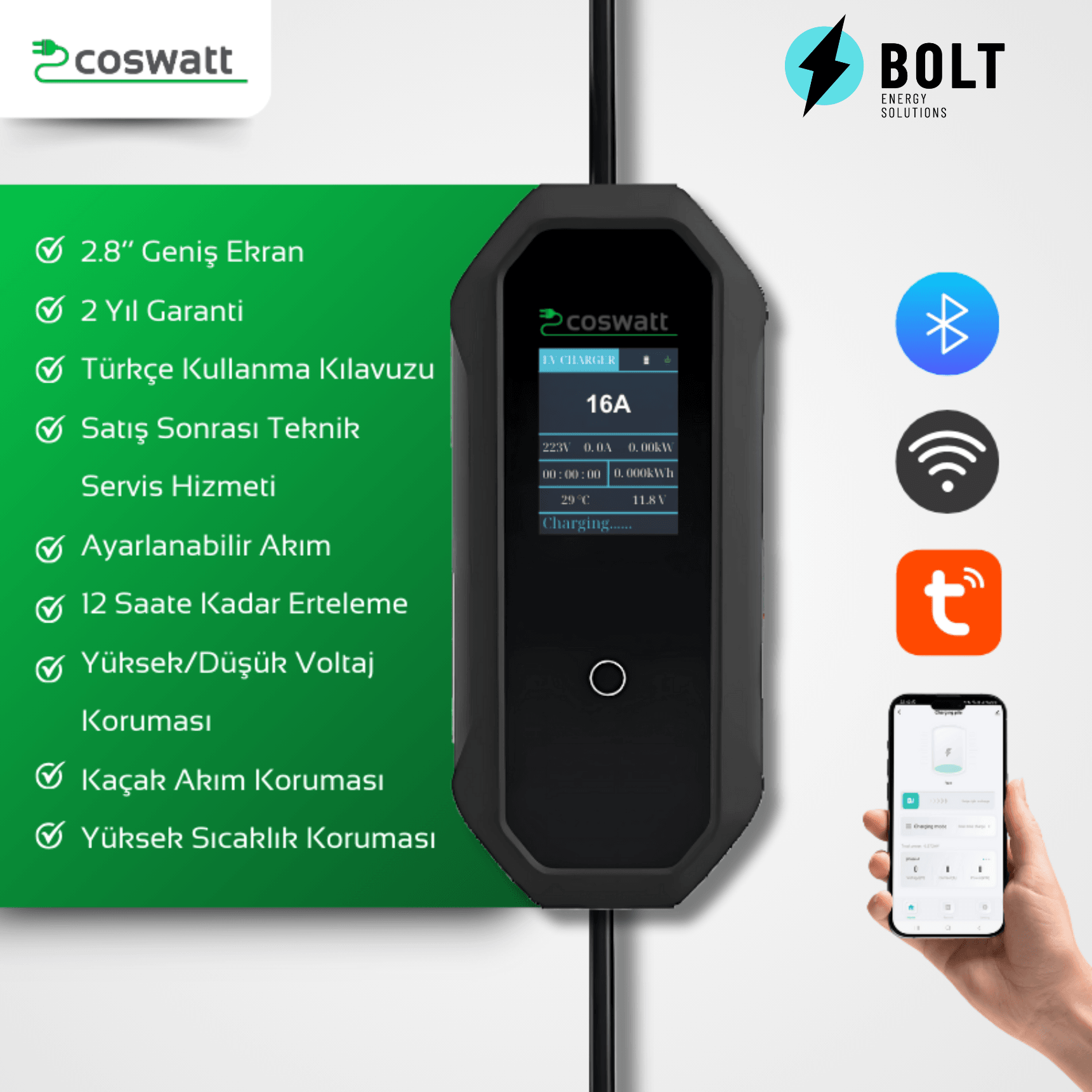 Coswatt Taşınabilir Şarj Cihazı 3.5 kW / 16A / Türkçe Menü / 8m veya 12m Kablolu / Tip-2 / Ev Tipi Schuko Fiş / 220V AC / Taşıma Çantası Hediyeli