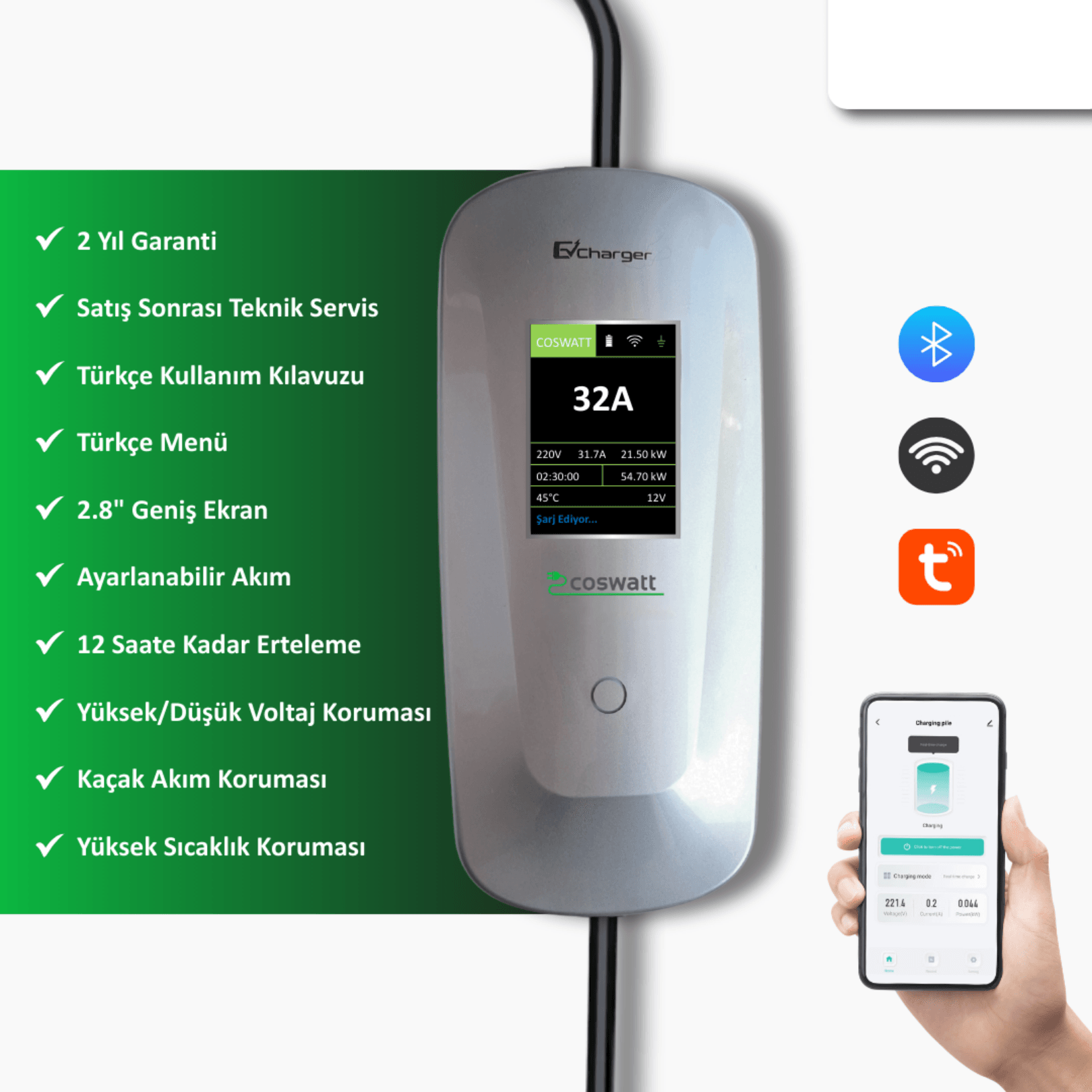 Coswatt Taşınabilir Şarj Cihazı 22 kW / 3P-32A / 8m Kablolu / Tip-2 / 5x32A Fiş / 380V AC / Ev Tipi Dönüştürücü Kablo ve Taşıma Çantası Hediyeli