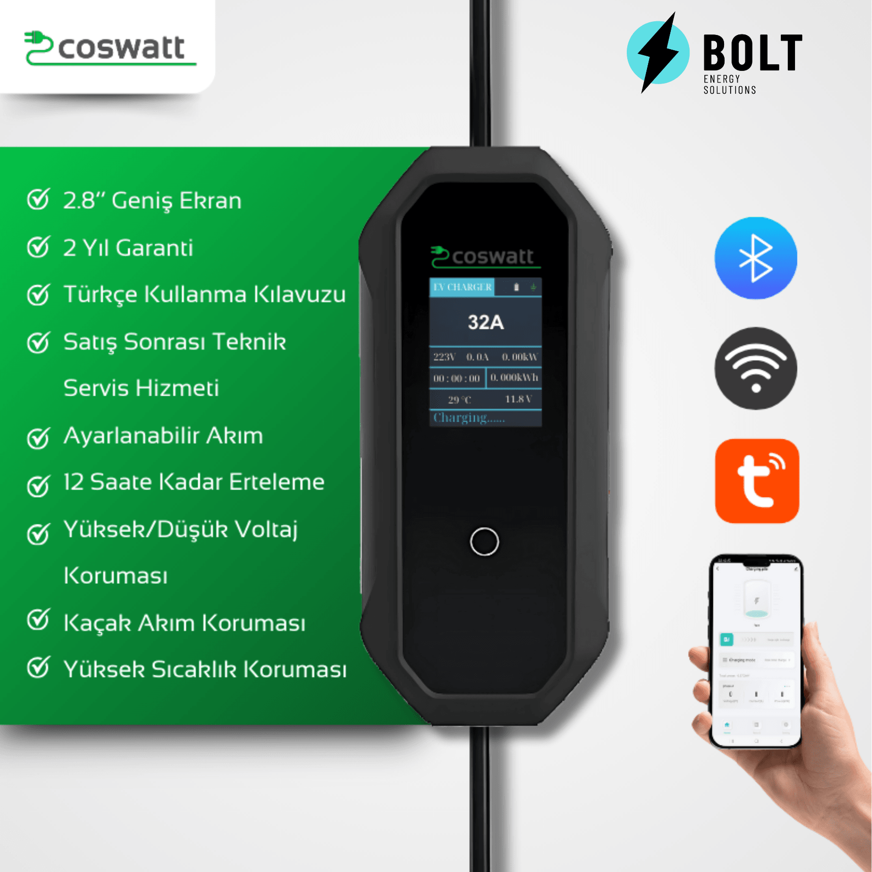 Coswatt Taşınabilir Şarj Cihazı 7 kW / 32A / Türkçe Menü / Tip-2 / 3x32A Fiş / 8m / 220V AC / Ev Tipi Dönüştürücü Kablo ve Taşıma Çantası Hediyeli