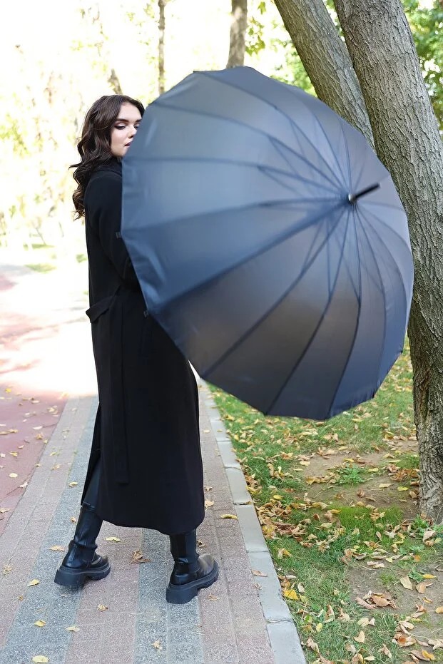 16 Telli Kaliteli Mavi Kareli Desenli Kırılmaz Şemsiye  Umbrella