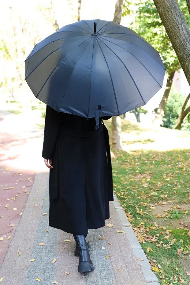 16 Telli Kaliteli Mavi Kareli Desenli Kırılmaz Şemsiye  Umbrella - Siyah