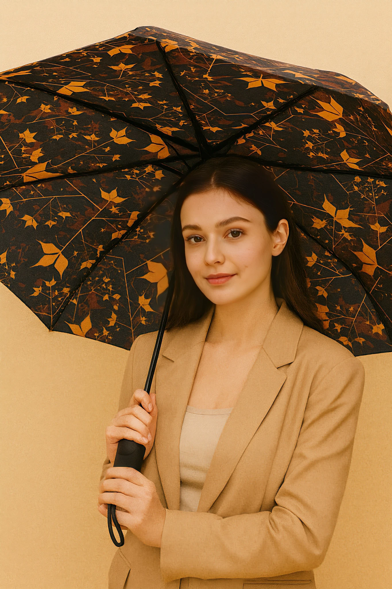 Sonbahar Turuncu 20 L Otomatik Full Fonksiyon Açma Kapama Fiber Tel Kılıflı Desenli Kadın Kaliteli Lüx Şemsiye