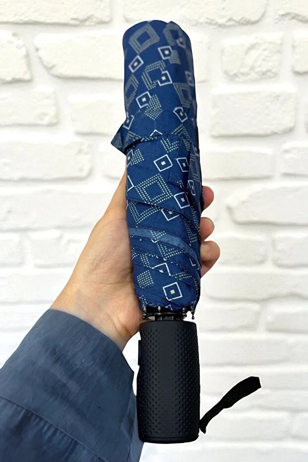 Yeni Geometrik Buz Mavi Semsiye Otomatik Full Fonksiyon Acma Kapama Fiber Tel Kaliteli Semsiye - Mavi