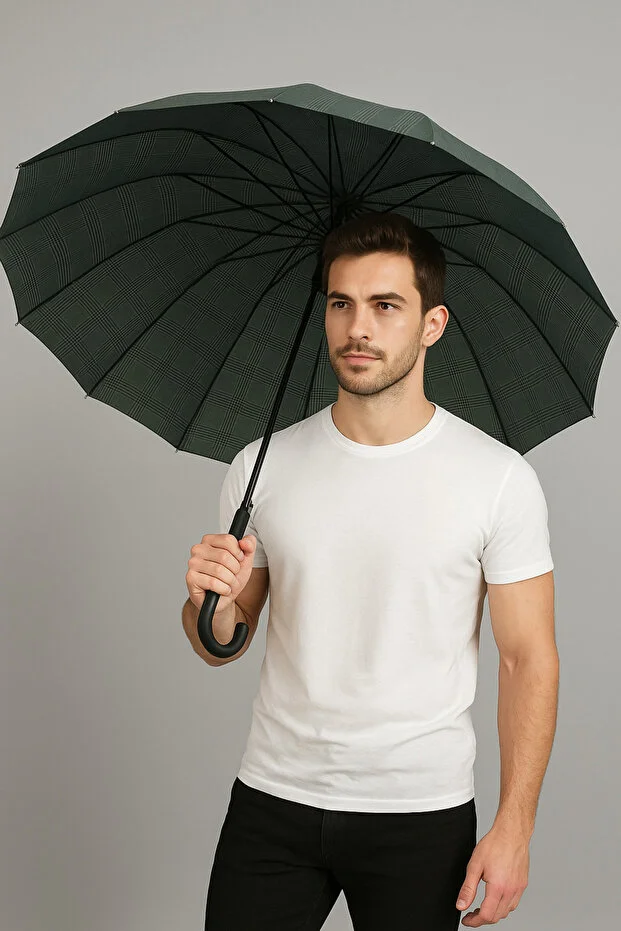 16 Telli MCR 40 Kaliteli Kareli Desenli Kırılmaz Şemsiye