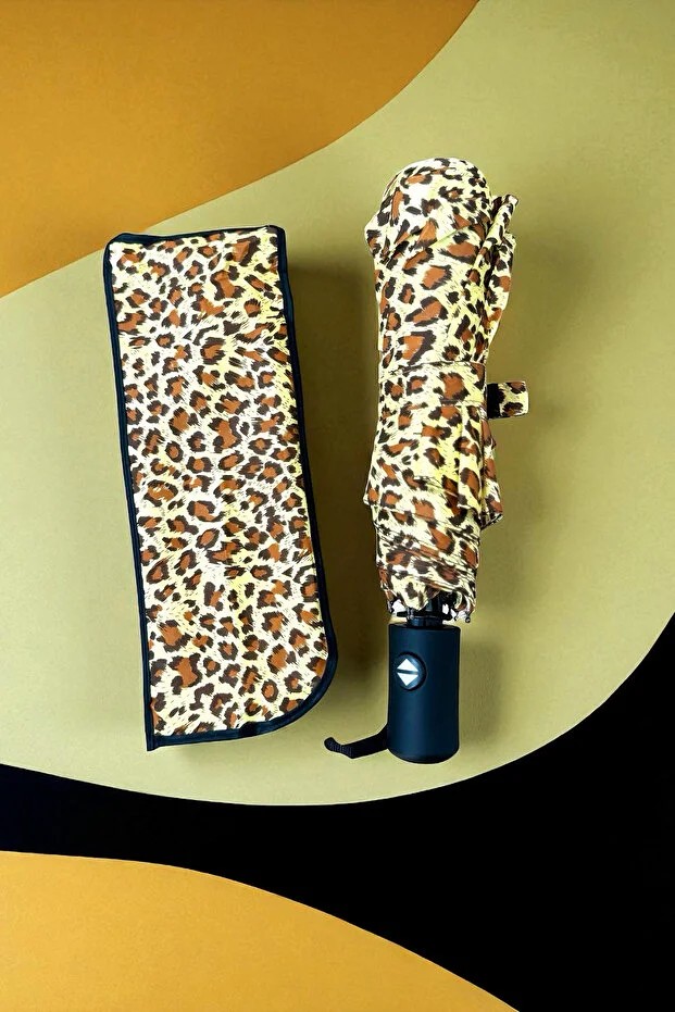 Leopar Sarı Otomatik Full Fonksiyon Açma Kapama Fiber Tel Kılıflı Kadın Kaliteli Lüx Şemsiye