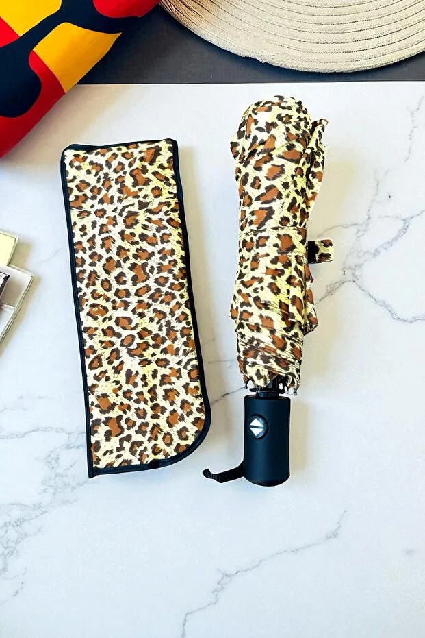 Leopar Sarı Otomatik Full Fonksiyon Açma Kapama Fiber Tel Kılıflı Kadın Kaliteli Lüx Şemsiye - Leopar