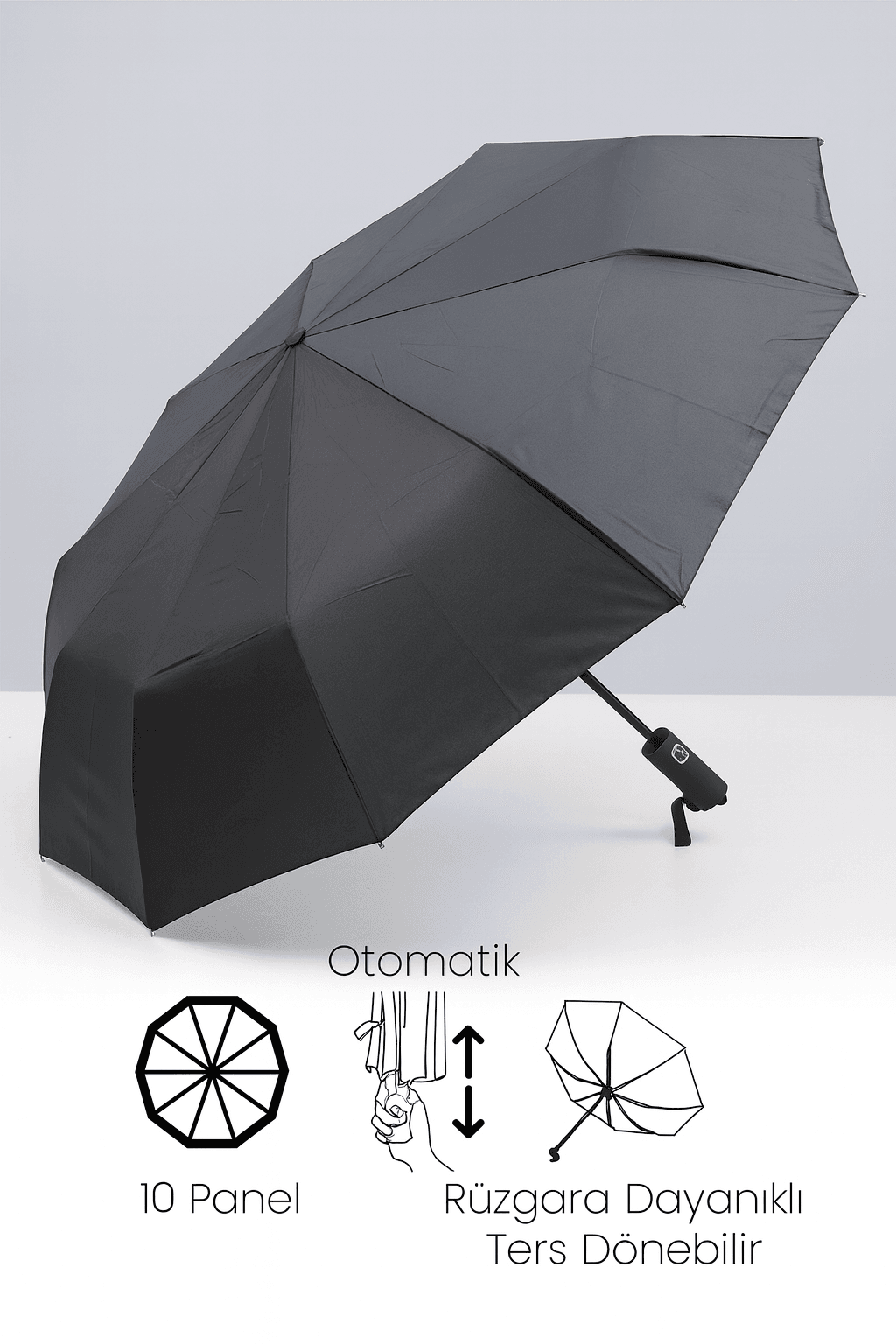 Premium Serisi Tam Otomatik Ultra Lüx 10 Telli Düz Siyah Erkek Şemsiye