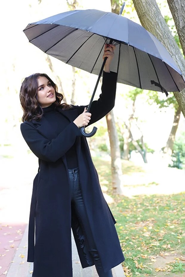 16 Telli Kaliteli Mavi Kareli Desenli Kırılmaz Şemsiye  Umbrella