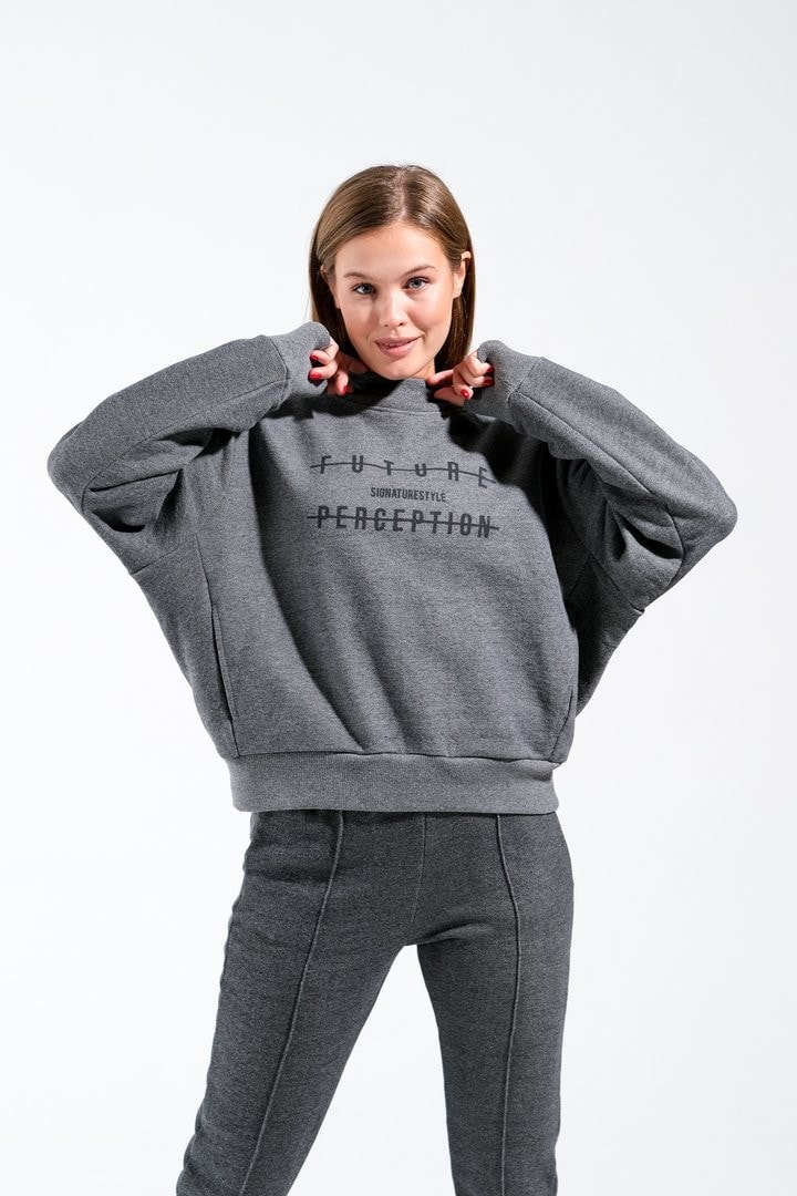724507_ Kadın Yüksek Yaka Kapüşonlu Cepli Oversize Sportif Trend Sweatshirt - Antrasit Melanj
