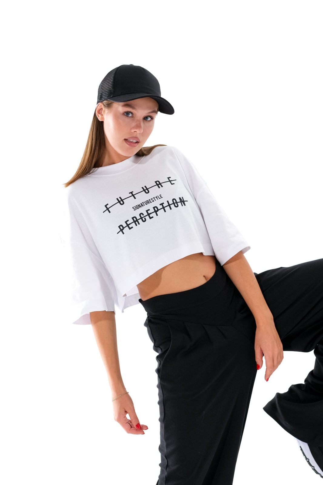 724106_Kadın Dance Tshirt -Oversize, Geniş Kalıp, Düşük Omuzlu, Crop, Kısa Kollu Sportif Tshirt - 00200 Beyaz