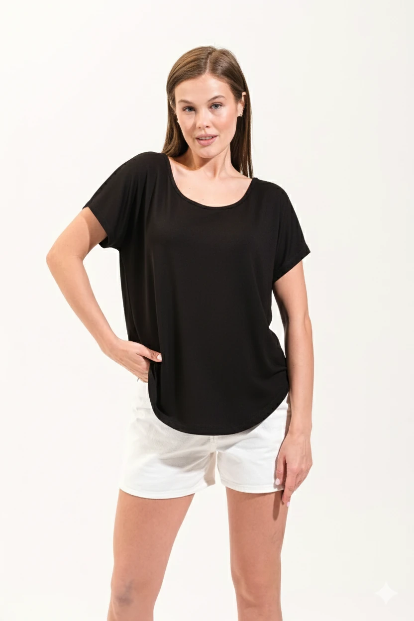 725107_Kadın Düşük Kollu Yuvarlak Yakalı Tshirt