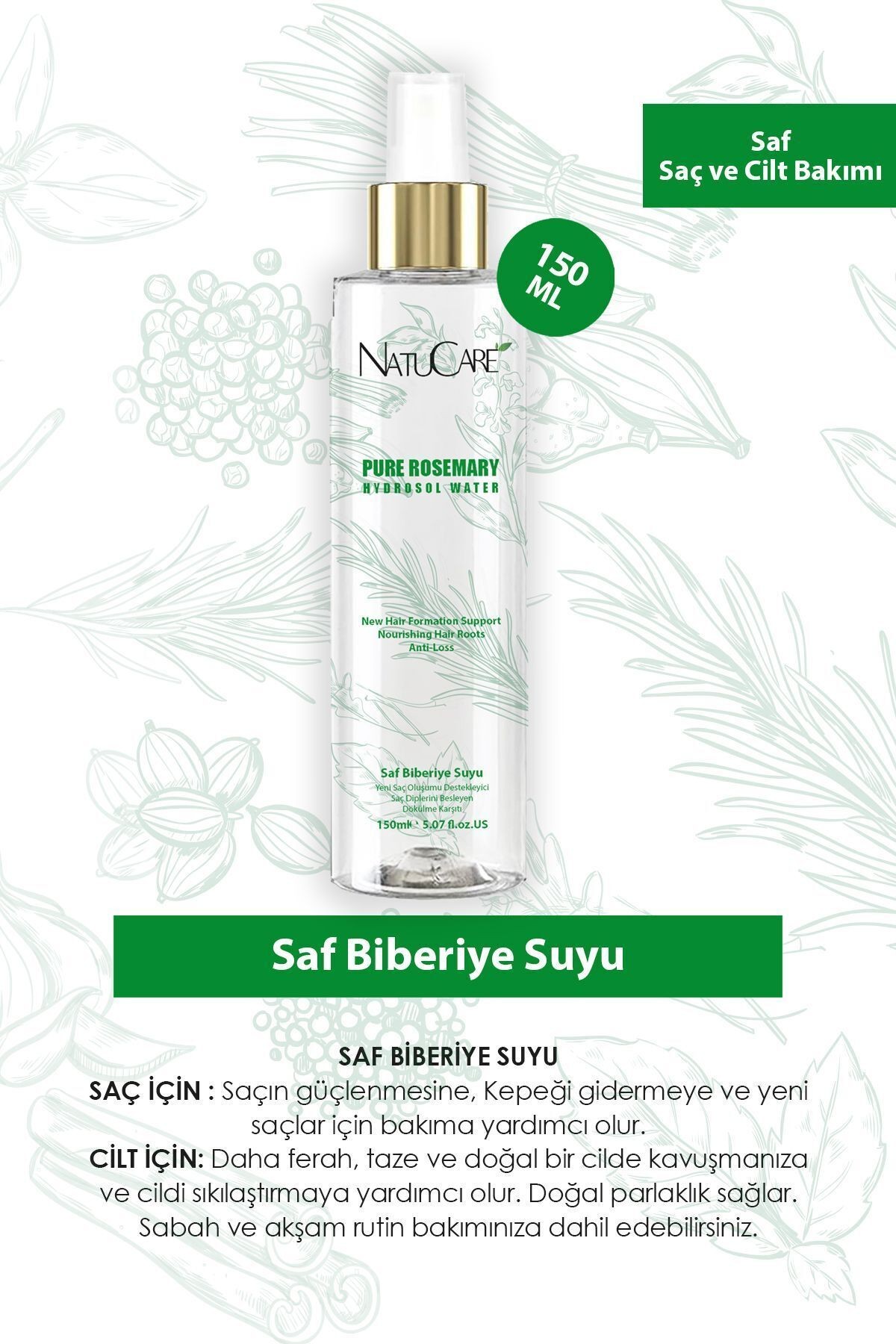 Hızlı Saç Uzatma & Dökülme Karşıtı Saç Toniği Saf % 100 Biberiye Suyu Saf Tonik 2 * 150 ml