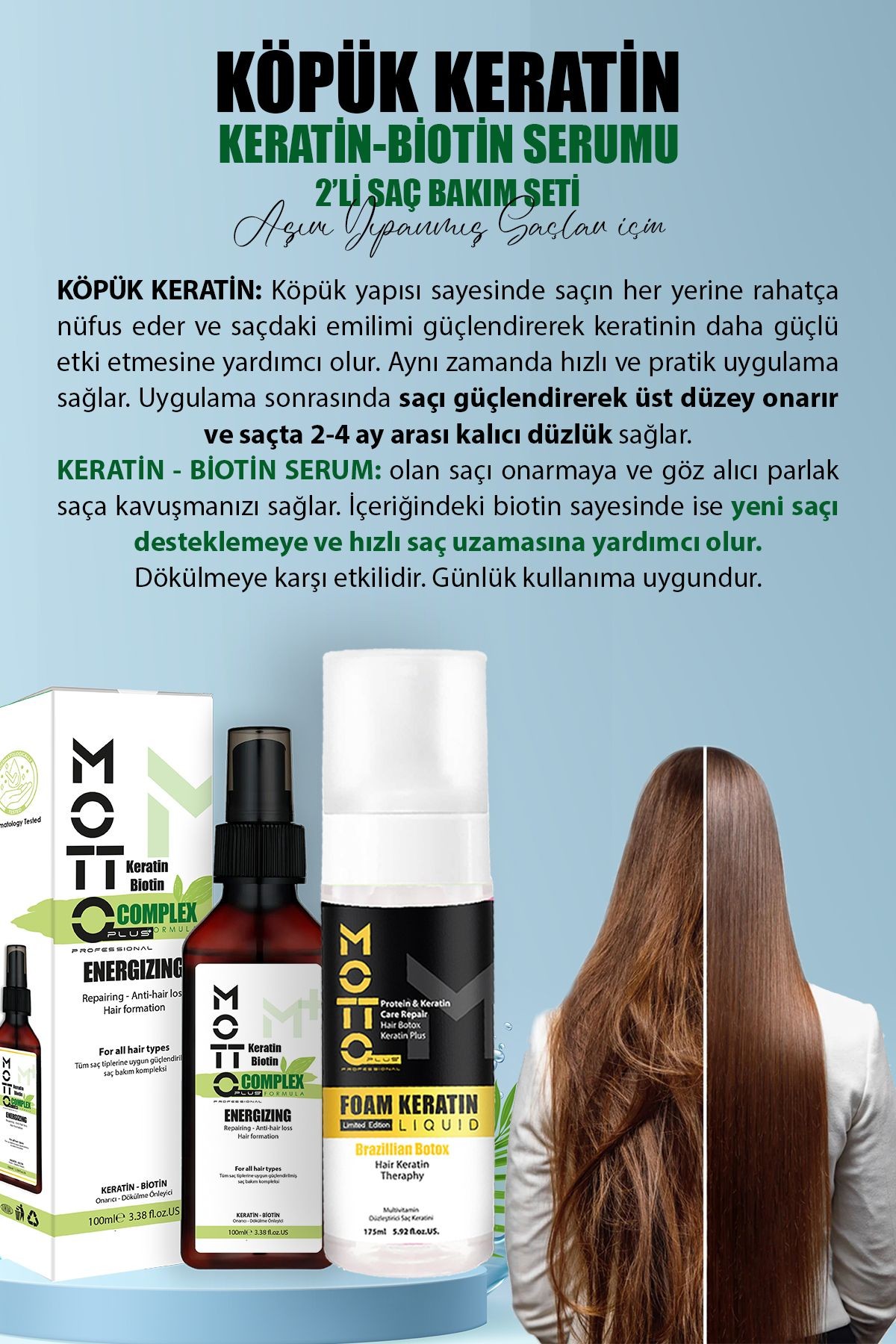 Saç Pürüzsüzleştirici Ve Düzleştirici 2'li Saç Bakım Seti (Köpük Keratin - Keratin & Biotin Serum)