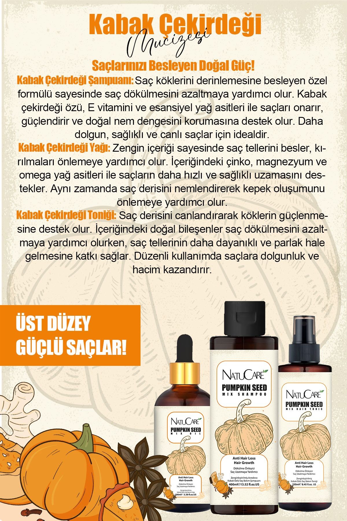 Hızlı Uzamaya Yardımcı Zenginleştirilmiş Pumpkin (KABAK ÇEKİRDEĞİ ÖZLÜ) 3'lü Saç Bakım Seti