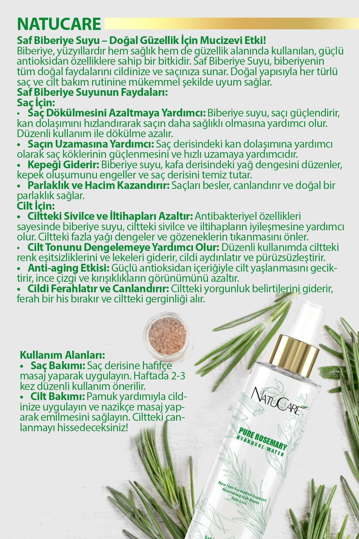 Hızlı Saç Uzatma & Dökülme Karşıtı Saç Toniği Saf % 100 Biberiye Suyu Saf Tonik 2 * 150 ml