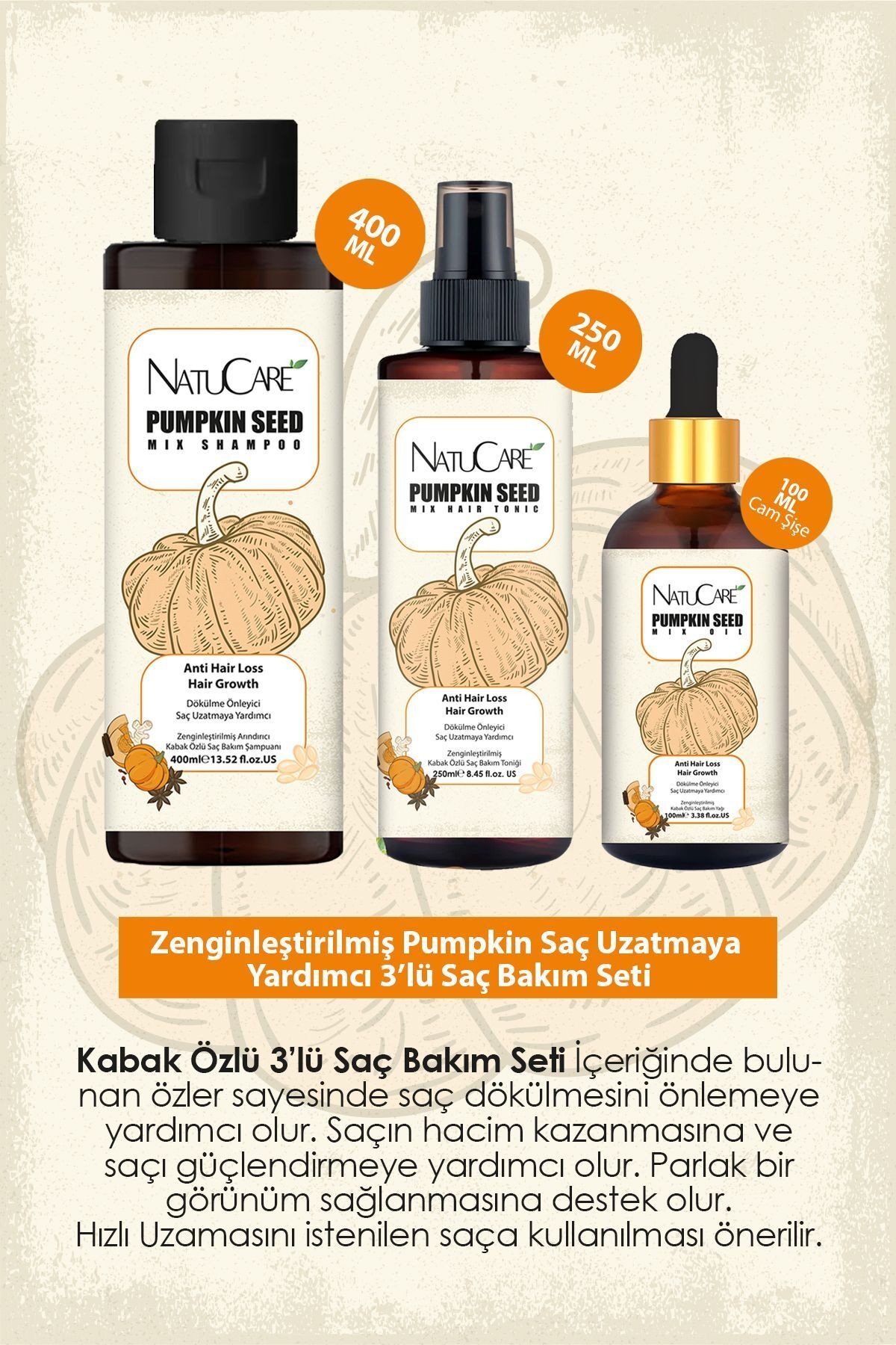 Hızlı Uzamaya Yardımcı Zenginleştirilmiş Pumpkin (KABAK ÇEKİRDEĞİ ÖZLÜ) 3'lü Saç Bakım Seti