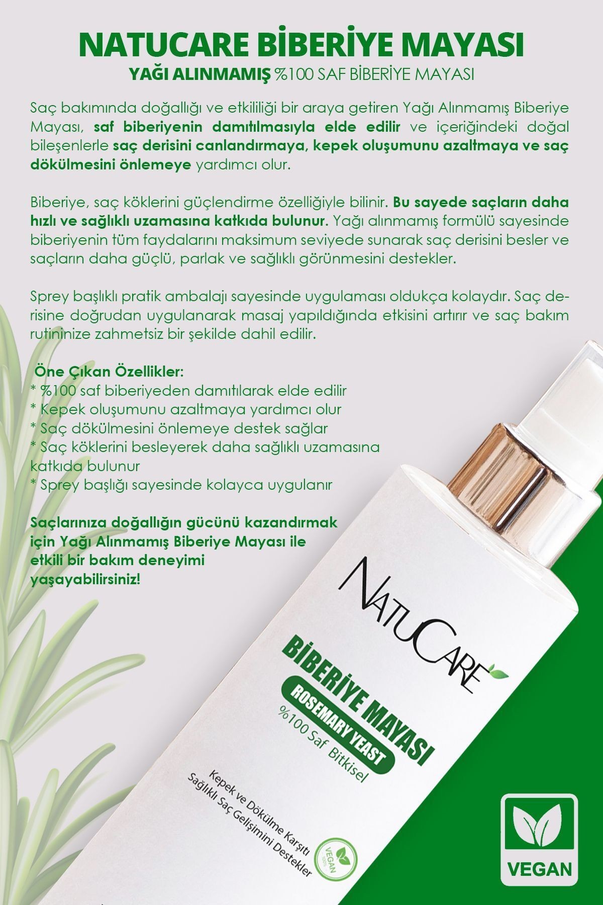 Dökülme Ve Kepek Önleyici Saç Toniği %100 Saf Biberiye Mayası 100ml