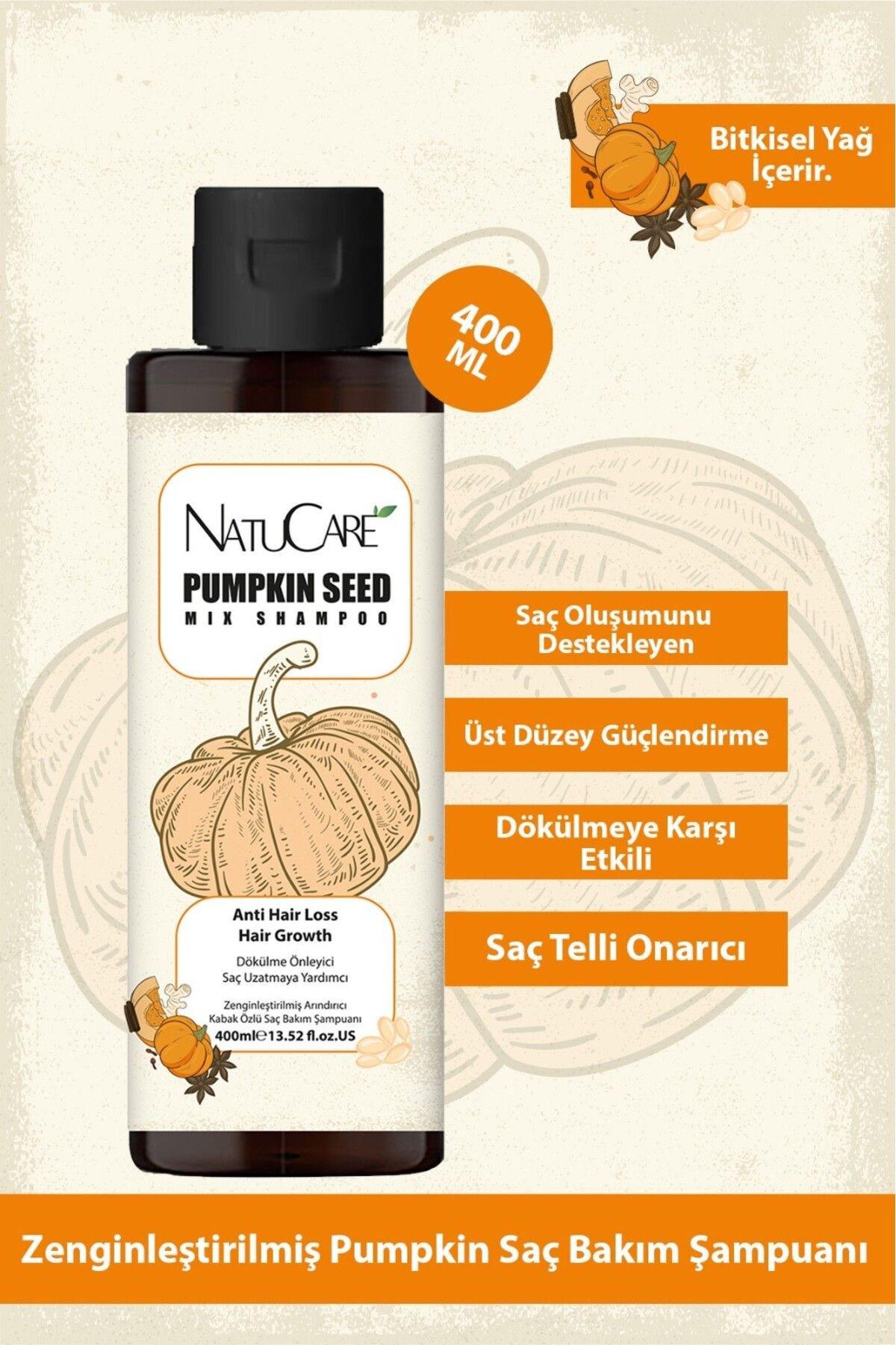 Üst Düzey Güçlendirme Ve Saç Telleri Onarıcı Pumpkin Saç Bakım Şampuanı 400ml