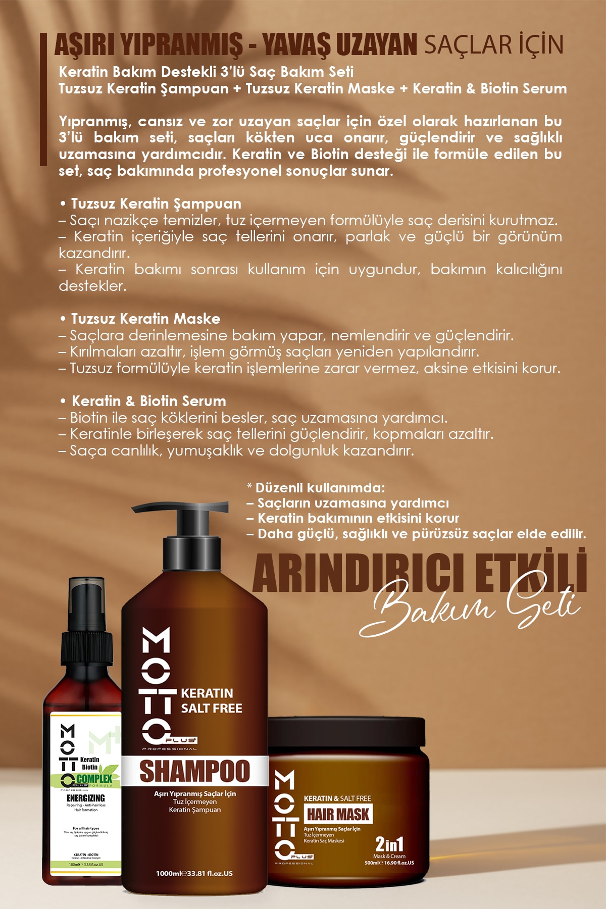 Yavaş Uzayan-Aşırı Yıpranmış Saçlar İçin Tuzsuz Keratinli 3'lü Saç Bakım Seti (Şampuan-Maske-Serum)