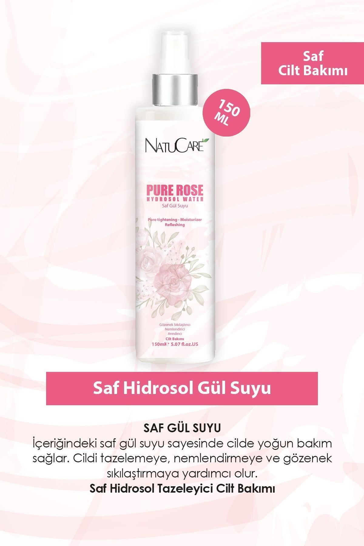 Gözenek Sıkılaştırıcı Ve Arındırıcı %100 Saf Ve Doğal Hidrosol Gül Suyu 150ml