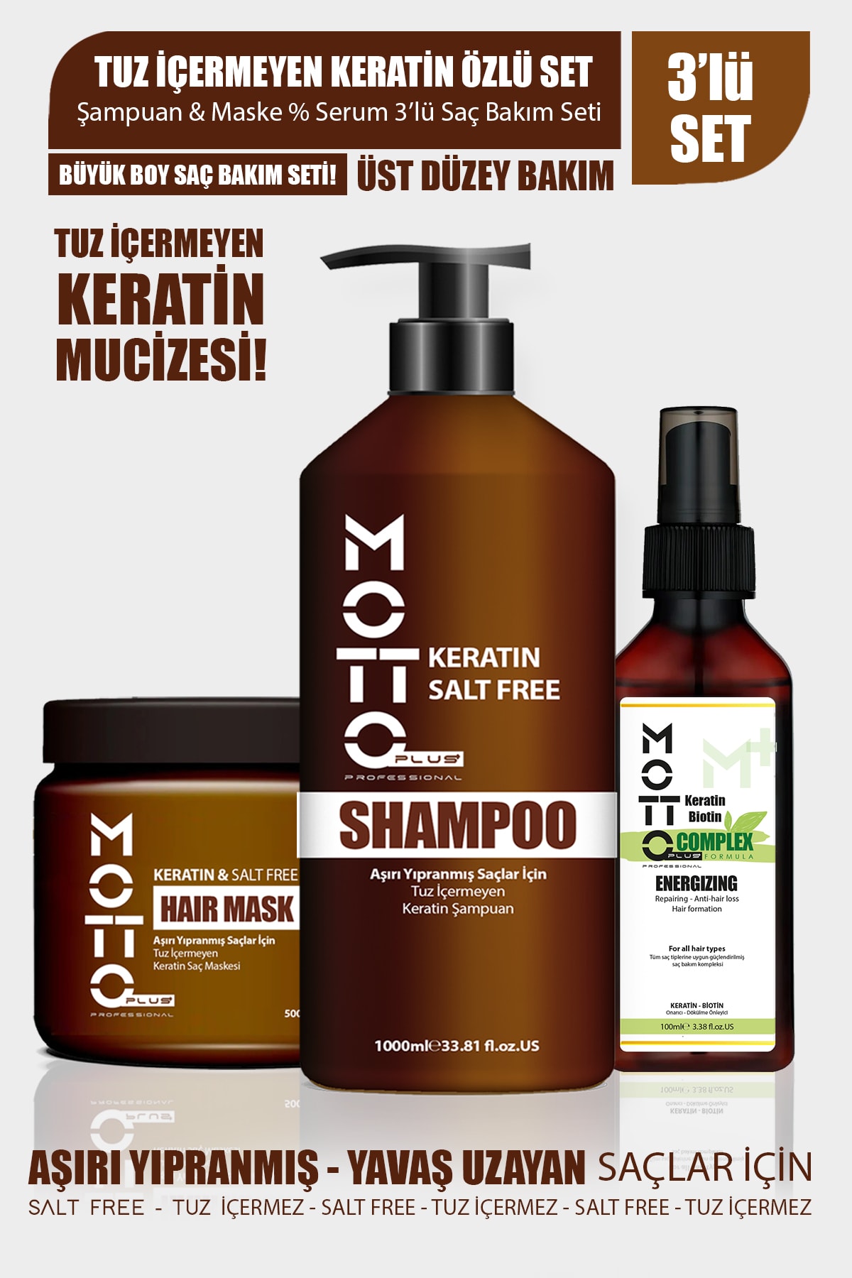 Yavaş Uzayan-Aşırı Yıpranmış Saçlar İçin Tuzsuz Keratinli 3'lü Saç Bakım Seti (Şampuan-Maske-Serum)