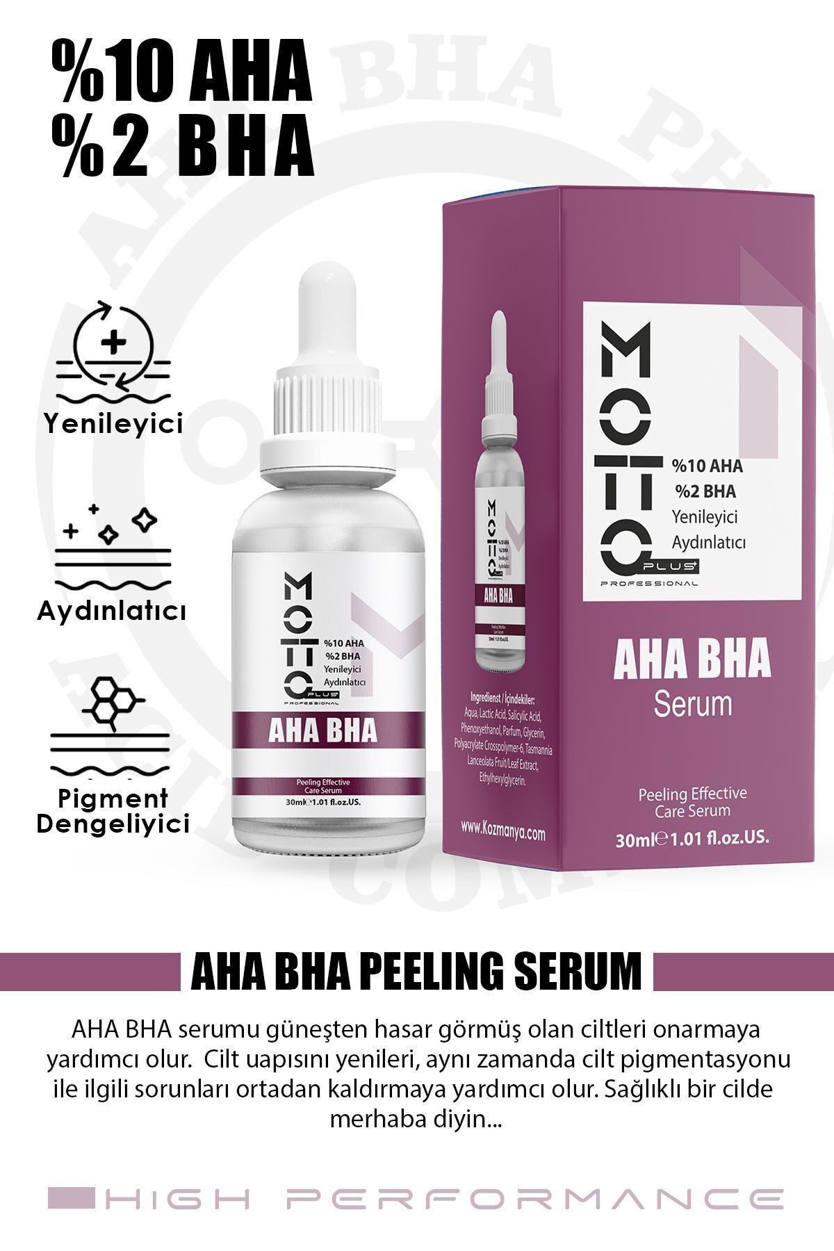 %10 AHA %2 BHA Yenileyici ve Aydınlatıcı Üst Düzey Peeling Bakım Serumu 30ml