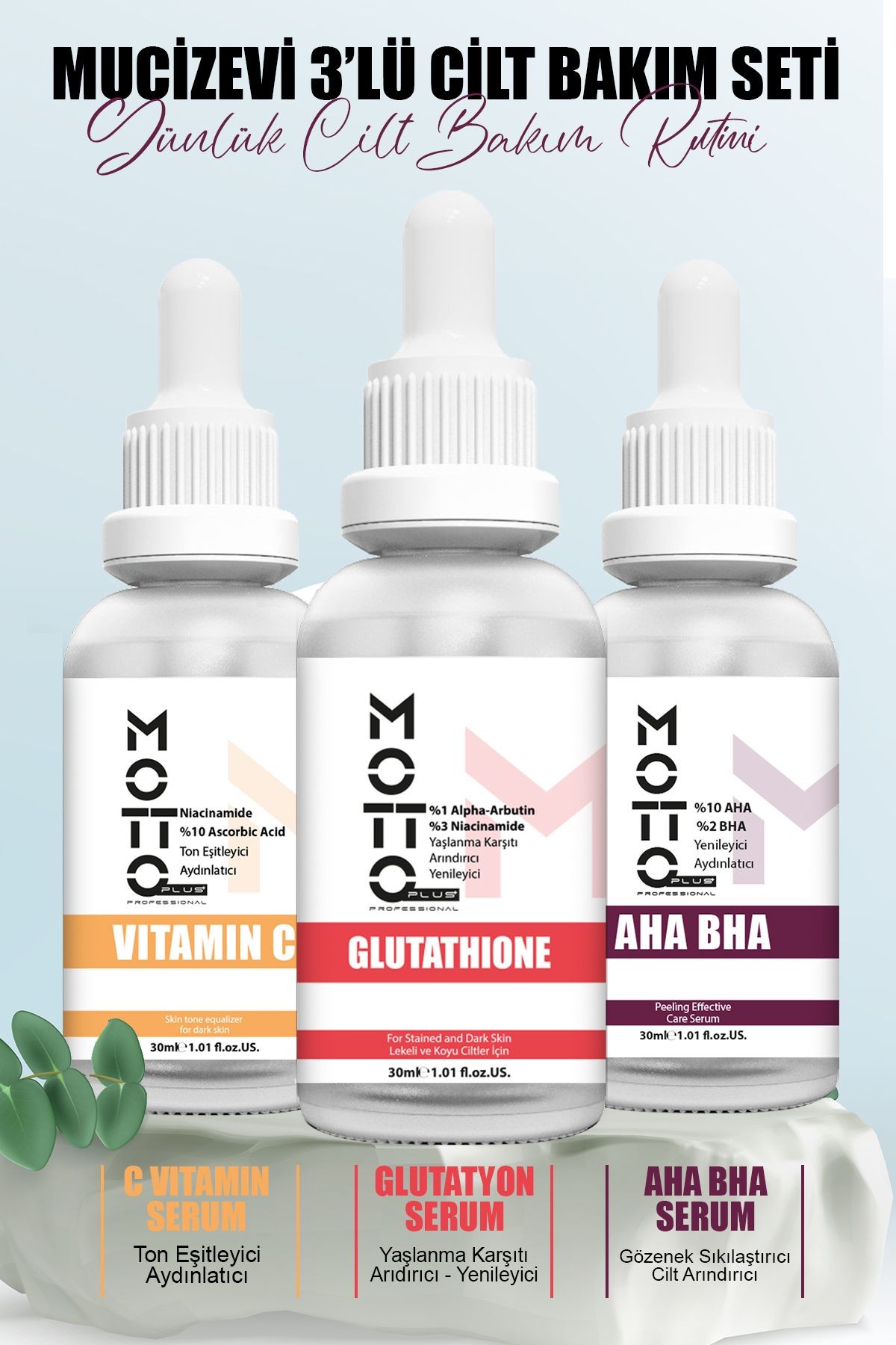 3'lü Cilt Bakım Serum Seti (C Vitamini - Glutatyon - AHA BHA)