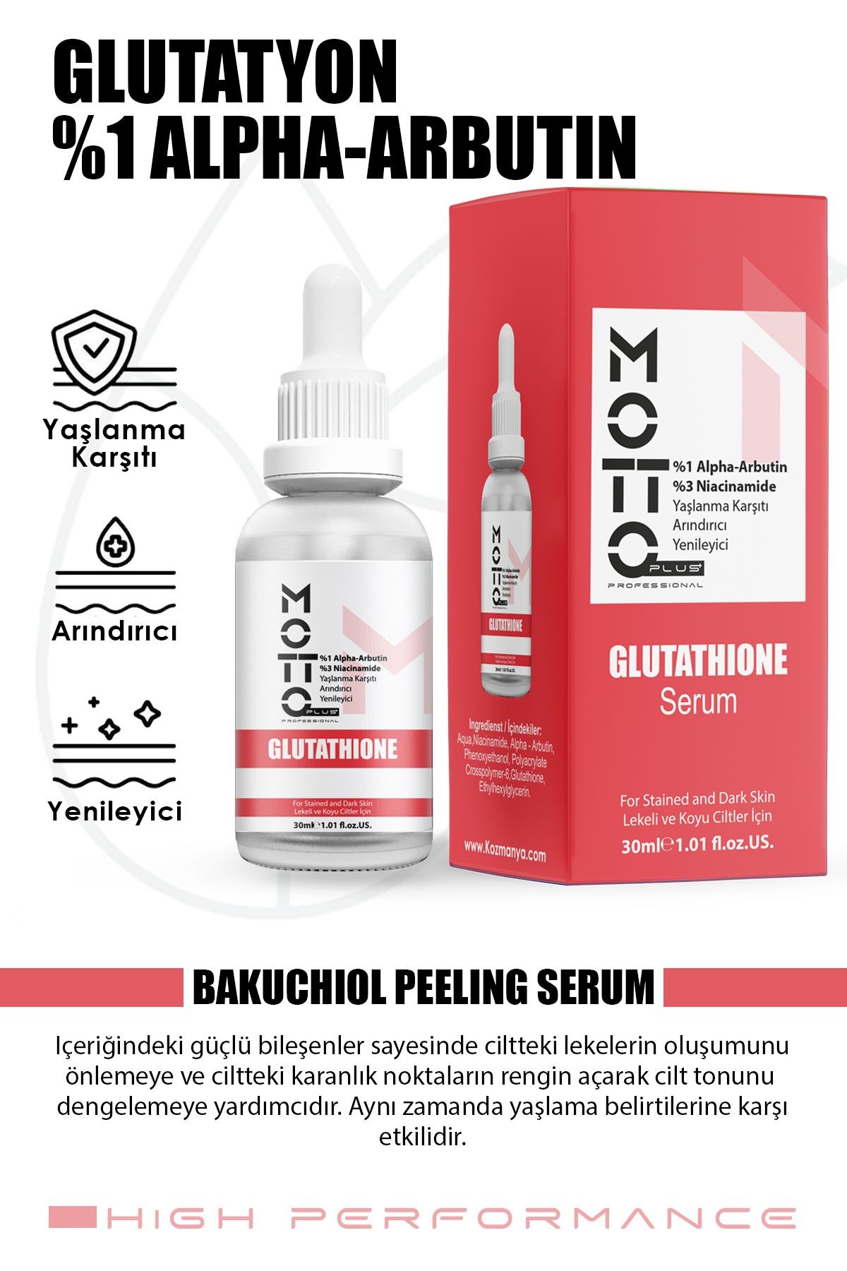 GLUTATYON %1 Alpha-Arbutin ve %3 Niacinamide Üst Düzey Arındırıcı Yaşlanma Karşıtı Bakım Serumu 30ml