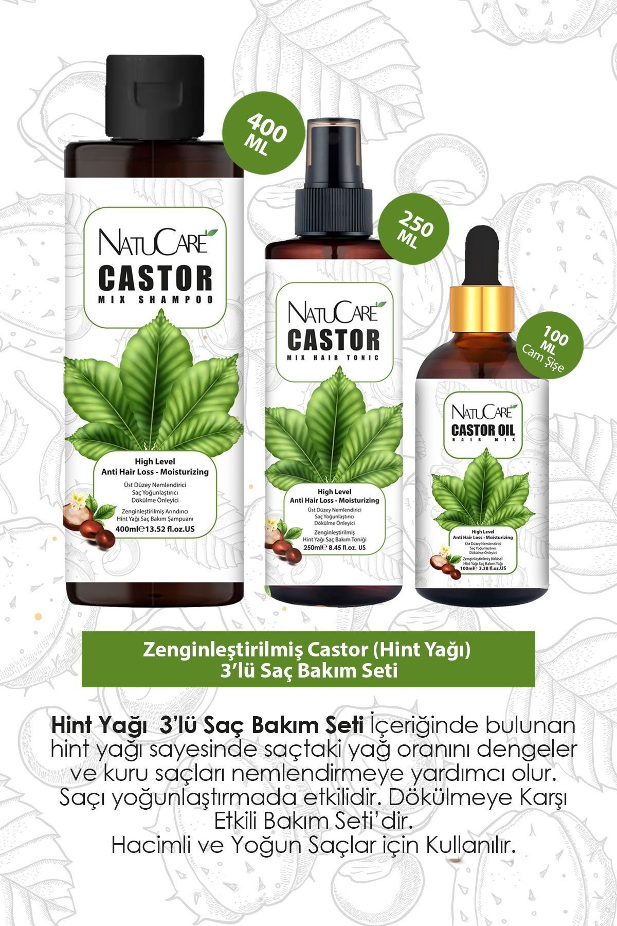 Zenginleştirilmiş Castor (HİNT YAĞI) 3'lü Saç Bakım Seti