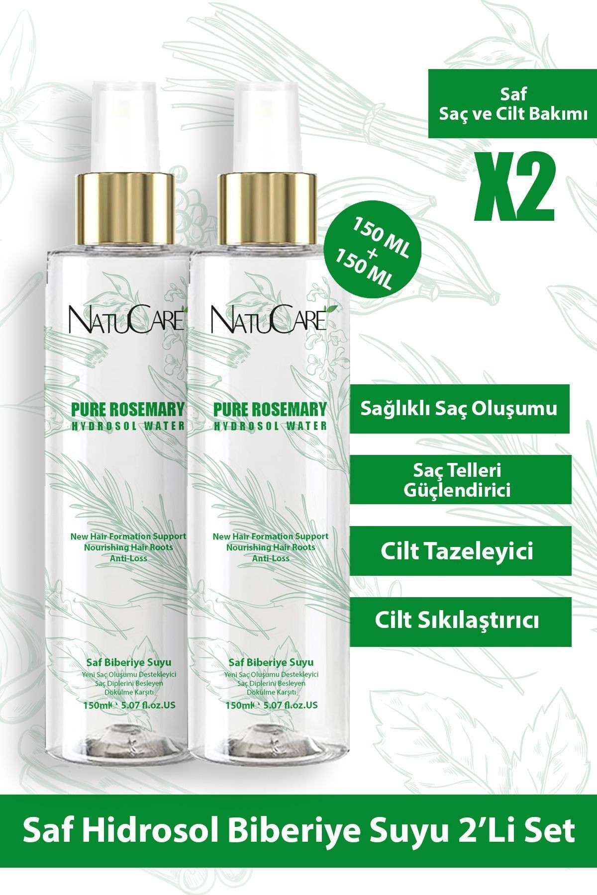 Hızlı Saç Uzatma & Dökülme Karşıtı Saç Toniği Saf % 100 Biberiye Suyu Saf Tonik 2 * 150 ml