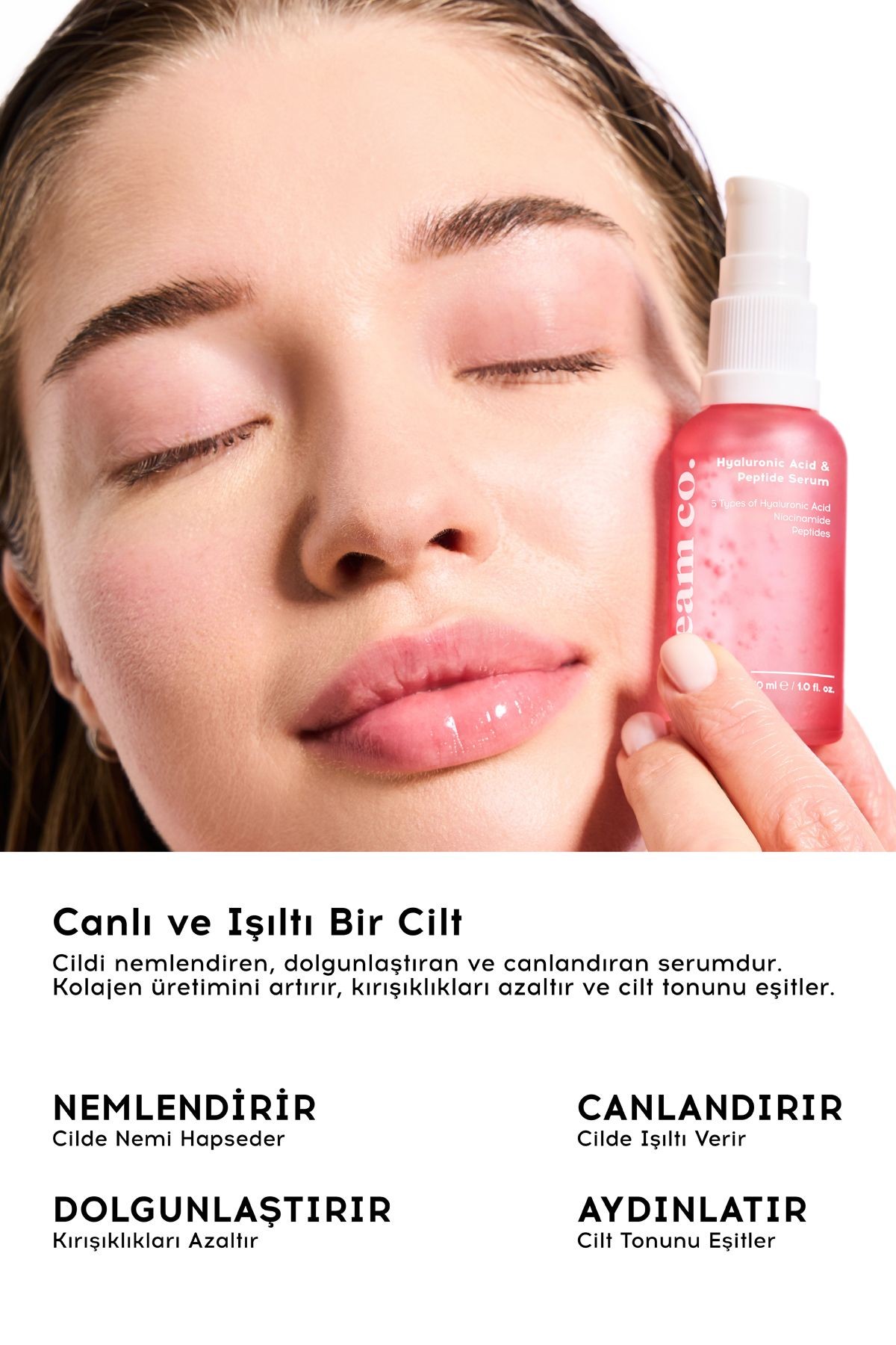 Hyaluronik Asit Peptit Serum | Nemlendirici Aydınlatıcı | Kafein Niacinamide | Tüm Cilt Tipleri