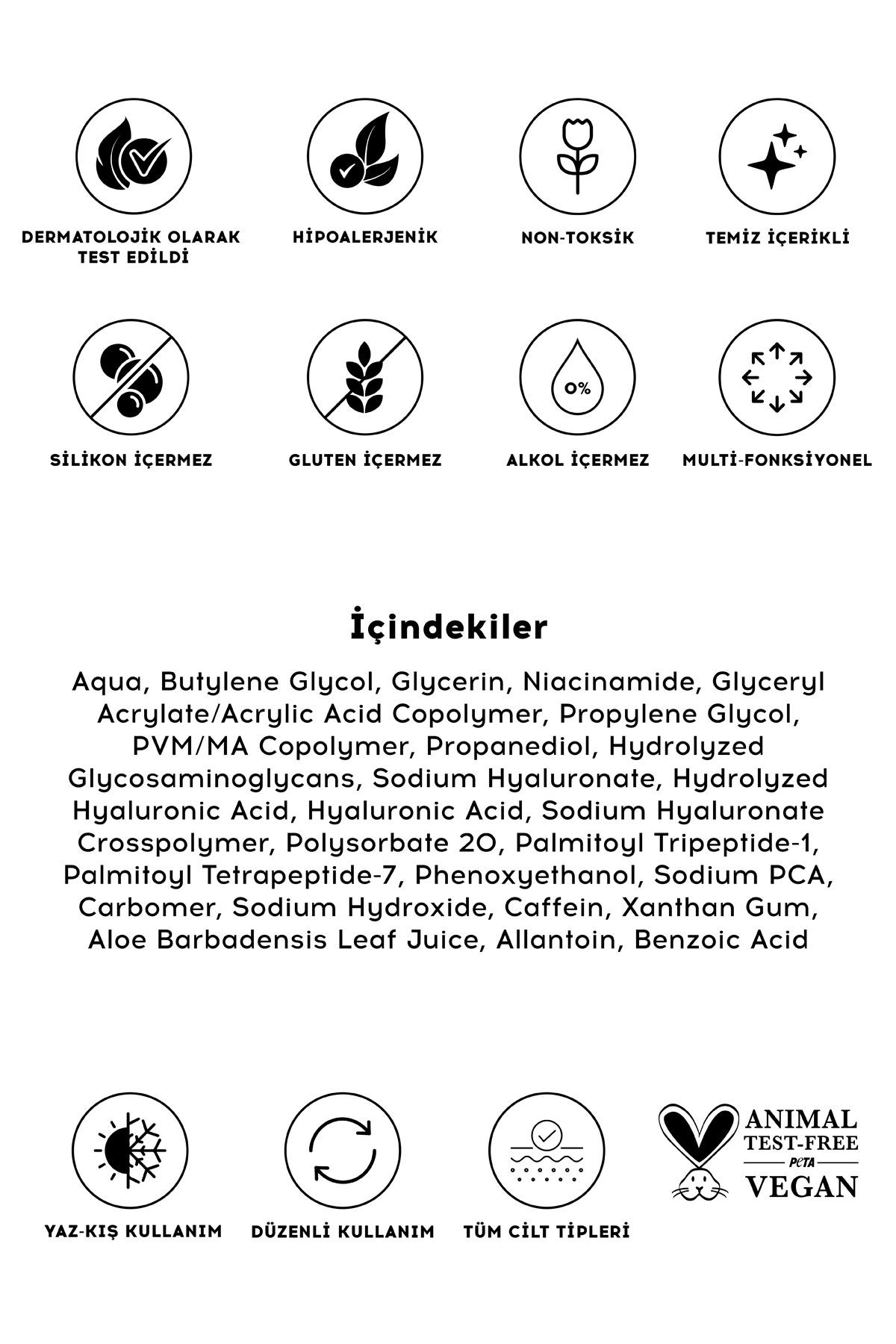 Hyaluronik Asit Peptit Serum | Nemlendirici Aydınlatıcı | Kafein Niacinamide | Tüm Cilt Tipleri