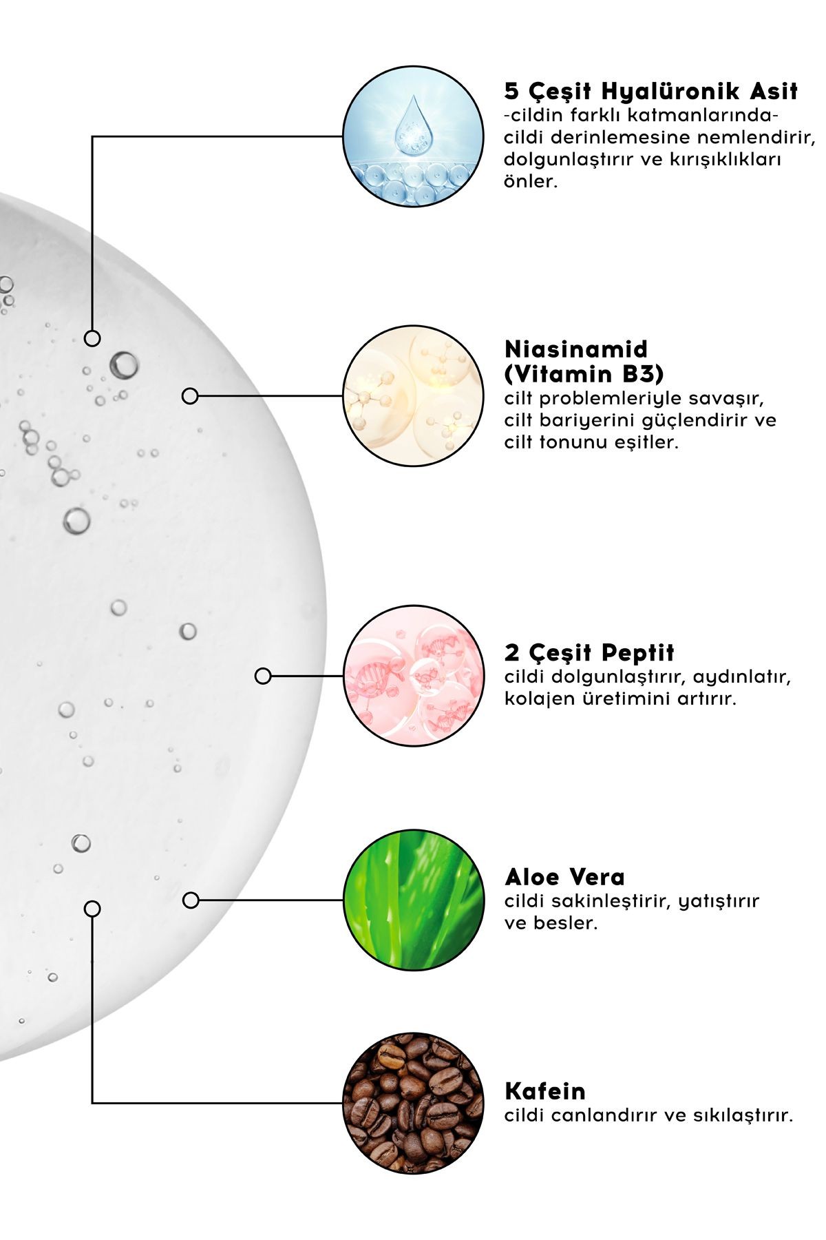 Hyaluronik Asit Peptit Serum | Nemlendirici Aydınlatıcı | Kafein Niacinamide | Tüm Cilt Tipleri