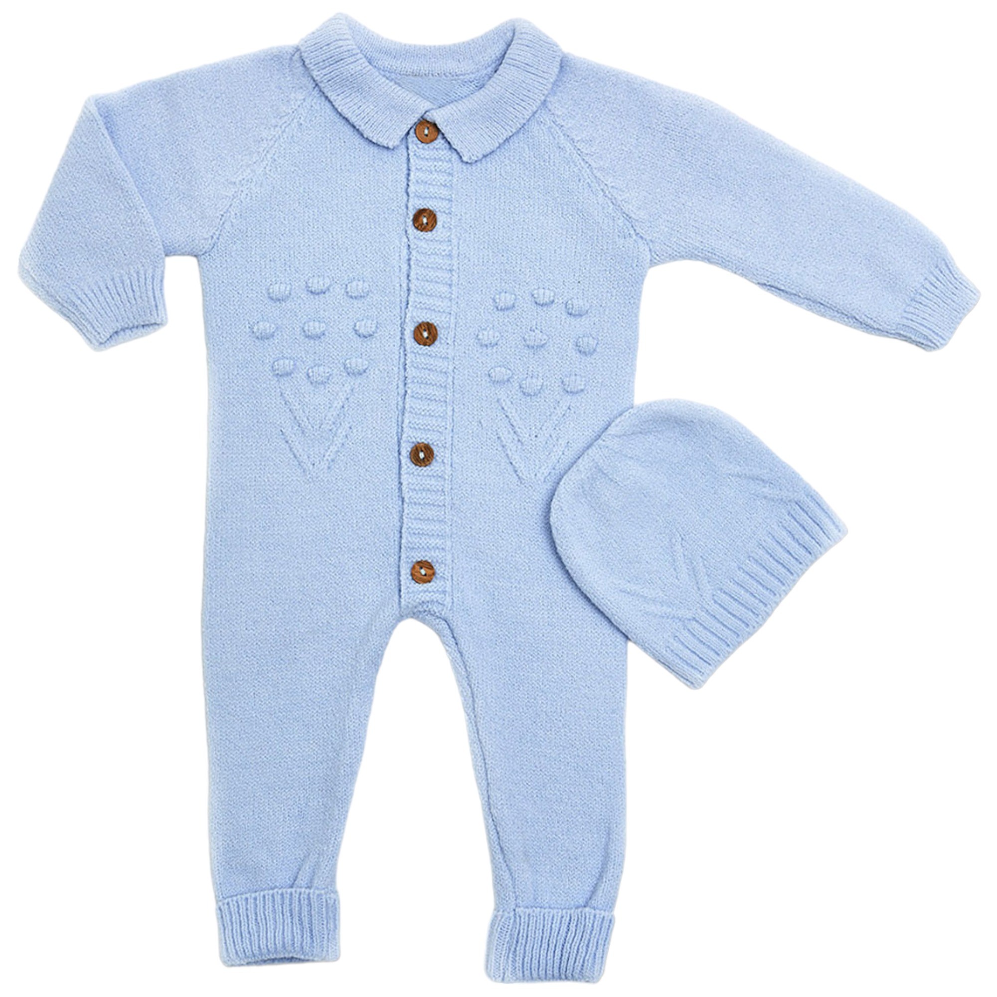 Unisex Bebek Triko Şapkalı Takım 2’li Set, Bebek Tulum + Bebek Bere AO20043E - Mavi