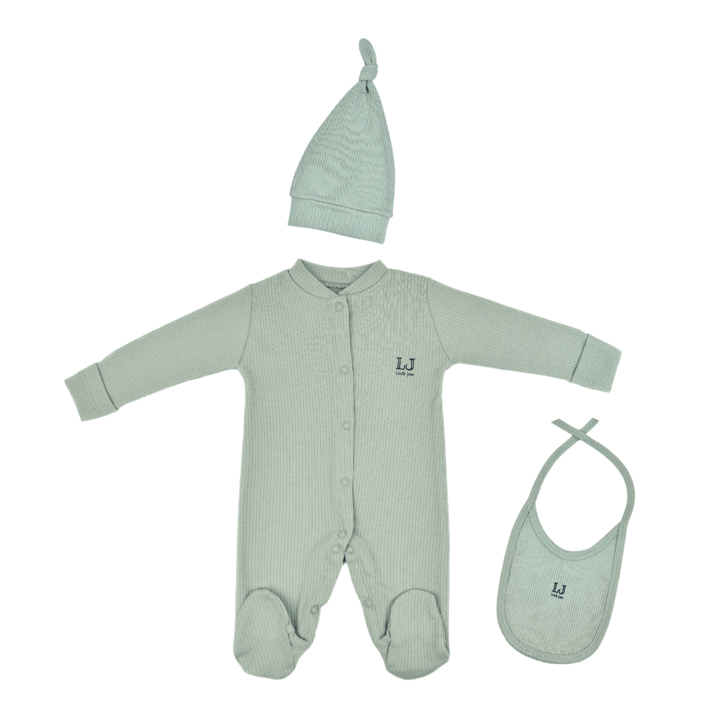 3'Lü Bebek Body Set,Tulum+Şapka+Mama Önlüğü,%100 Organik Pamuk Bebek Hediye Set,Yenidoğan Set - Yeşil