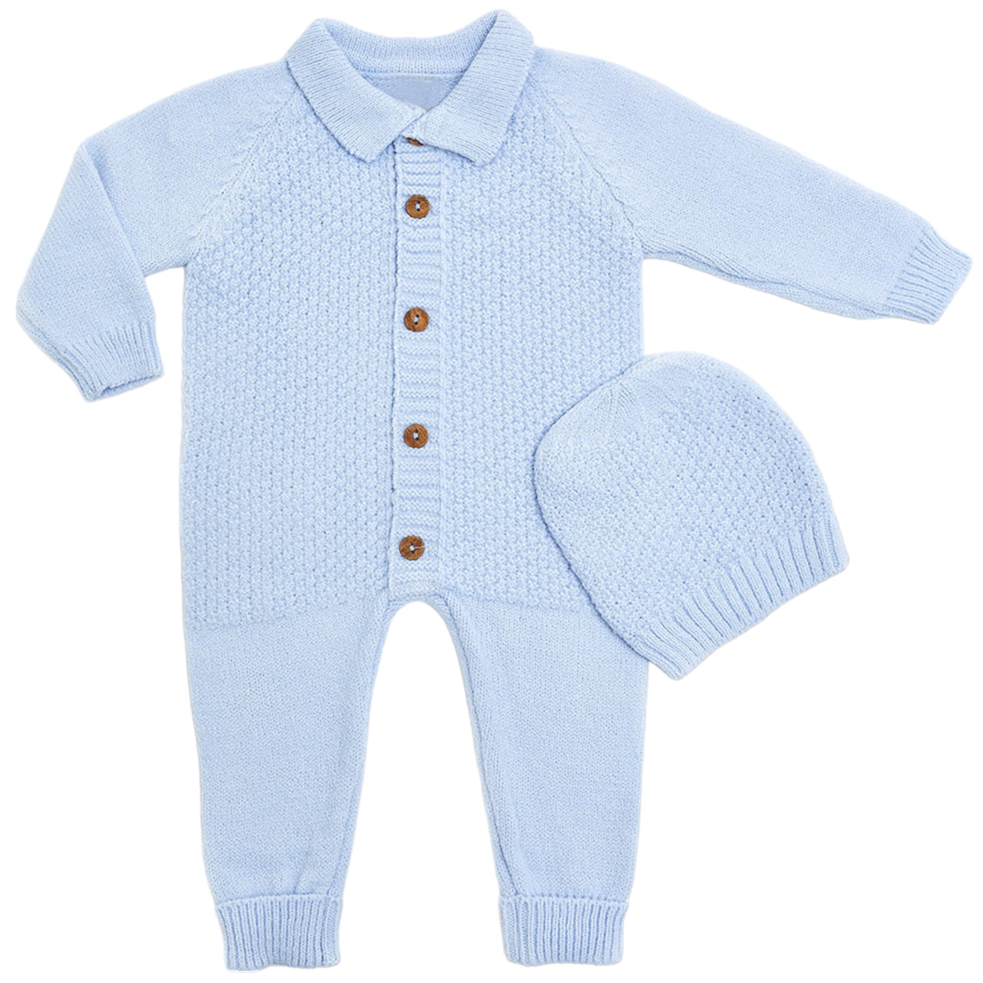 Unisex Bebek Triko Şapkalı Takım 2’li Set, Bebek Tulum + Bebek Bere AO20041E - Mavi