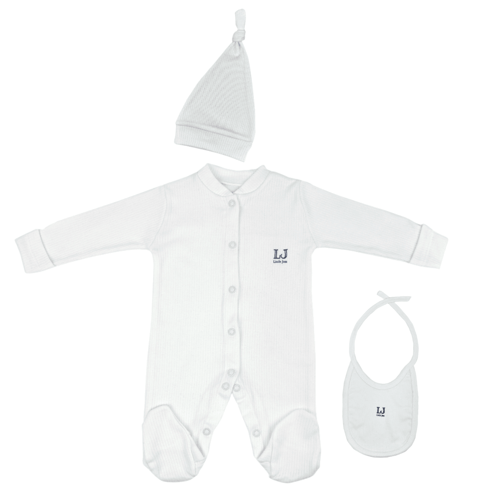 3'Lü Bebek Body Set,Tulum+Şapka+Mama Önlüğü,%100 Organik Pamuk Bebek Hediye Set,Yenidoğan Set - Ekru