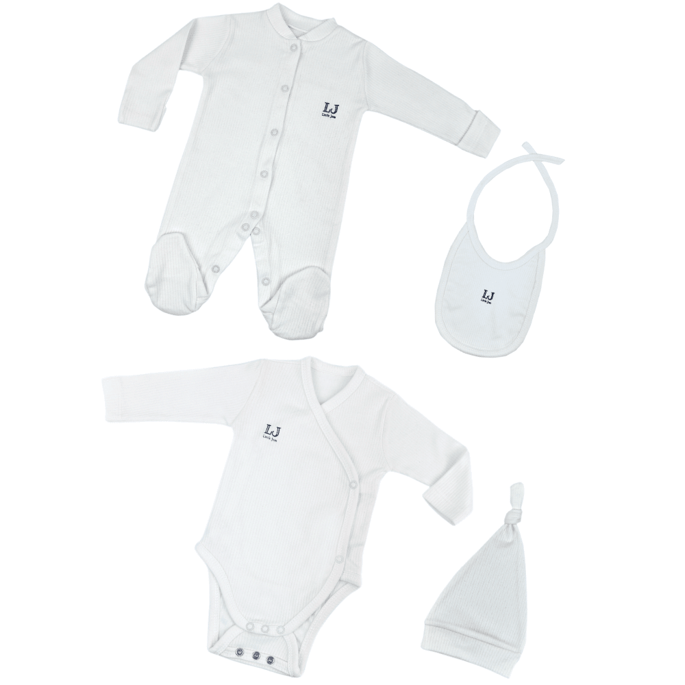 4'lü Bebek Body Set,Tulum+Zıbın+Şapka+Mama Önlüğü,%100 Organik Pamuk Bebek Hediye Set,Yenidoğan Set - Ekru